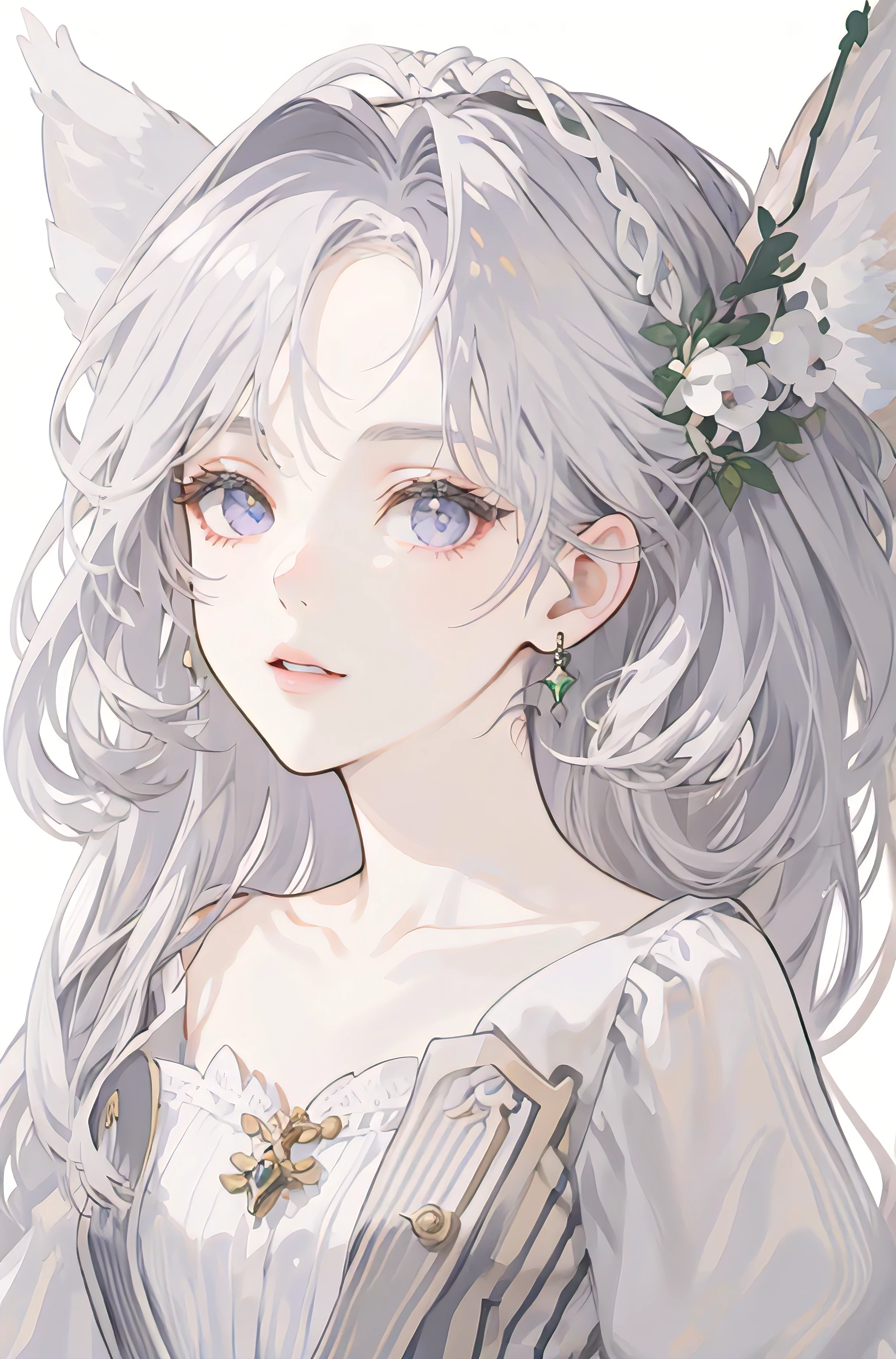 lilac, forest nymph, lily of the valley, ethereal forest girl, perfect anatomy, hanging jewels, pretty girl, amazing body, best proportions, european victorian style, greek style, ancient goddess, (((((((white background))))))), ((((closeup face)))), looking at viewer