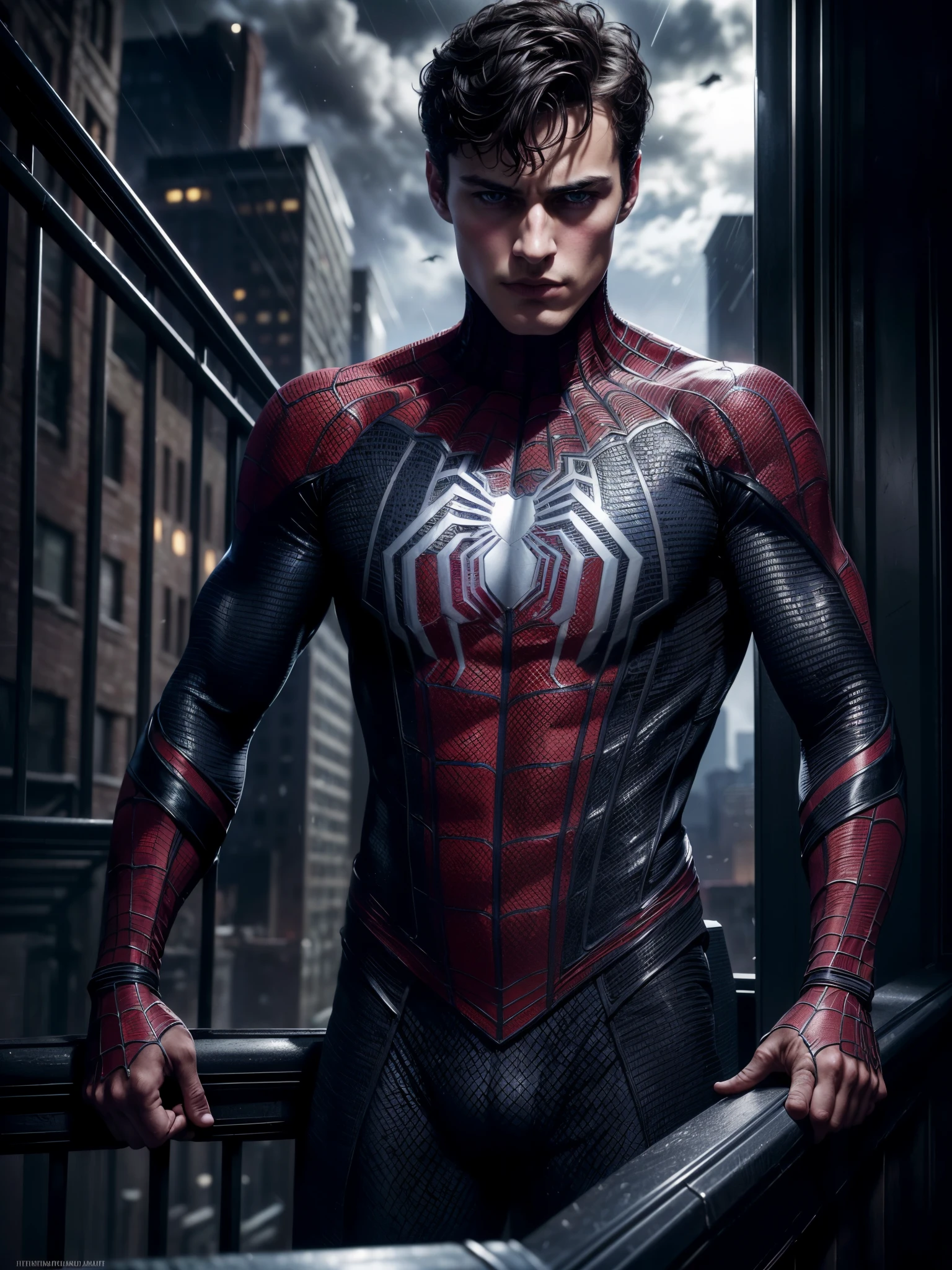 masterpiece, best quality, ultra-detailed, high resolution, extremely detailed, (full body shot:1.ortrait of a 18 year old of a masculine male model, strong jaw line, young handsome man square face shape, with a blue eyes, messy short dark hair, wavy hair, (muscular:1.3), muscular chest, fit body, dark but detailed digital art, wearing a tight spider-man suit, tight fit spider man suit, spider man gloves, rooftop in NYC, detailed digital painting, detailed fanart, handsome guy slayer art, high detailed, digital painting, detailed portrait, inspired by Alexis Grimou, hyper detail portrait, dark atmosphere, (dark night:1.4),