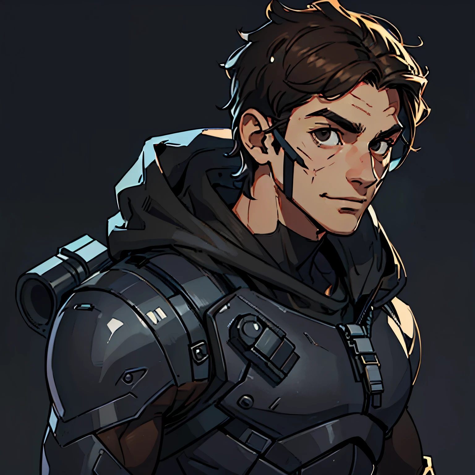 Image of a (Criminal 25 years old), boy, (ugly), thin, black eyes, (happy), alone, evil, (very short hair 1.5), dark brown hair, wears a black futuristic suit and mask, (simple background)