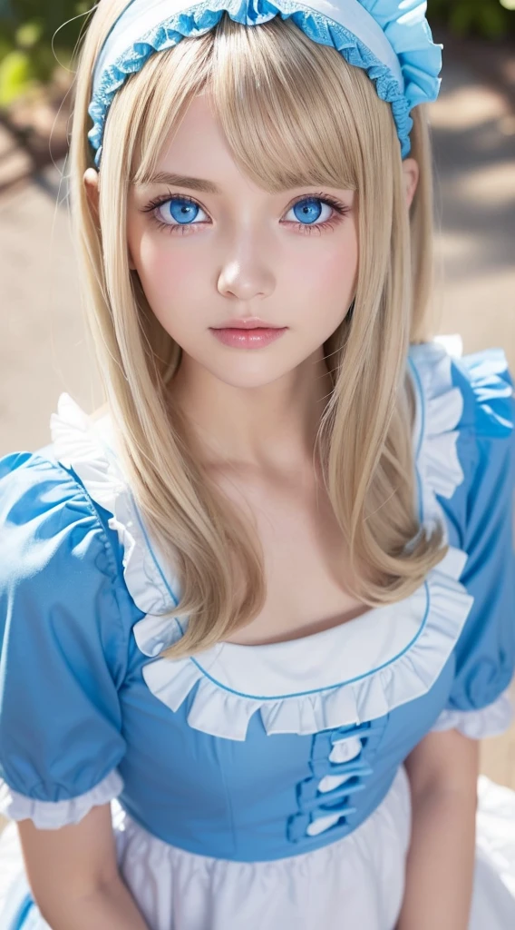 A beautiful girl with very beautiful bright blonde hair and bright light blue eyes.、masutepiece, Best Quality, Illustration, Ultra-detailed, finely detail, hight resolution, 8K Wallpaper, Very beautiful shiny super long hair、Very big shining light blue eyes、Perfect dynamic composition, ((close up:1.3, From above, look at viewr)), Beautiful detailed bright light blue eyes , (Wearing a cotton maid costume, , Cute Frill Girl Dresses, maid headband, White the、brack、Blue color base), hair over eyes、片hair over eyes、hair between eye、Gloss Face、Teak Gloss、cheek highlights