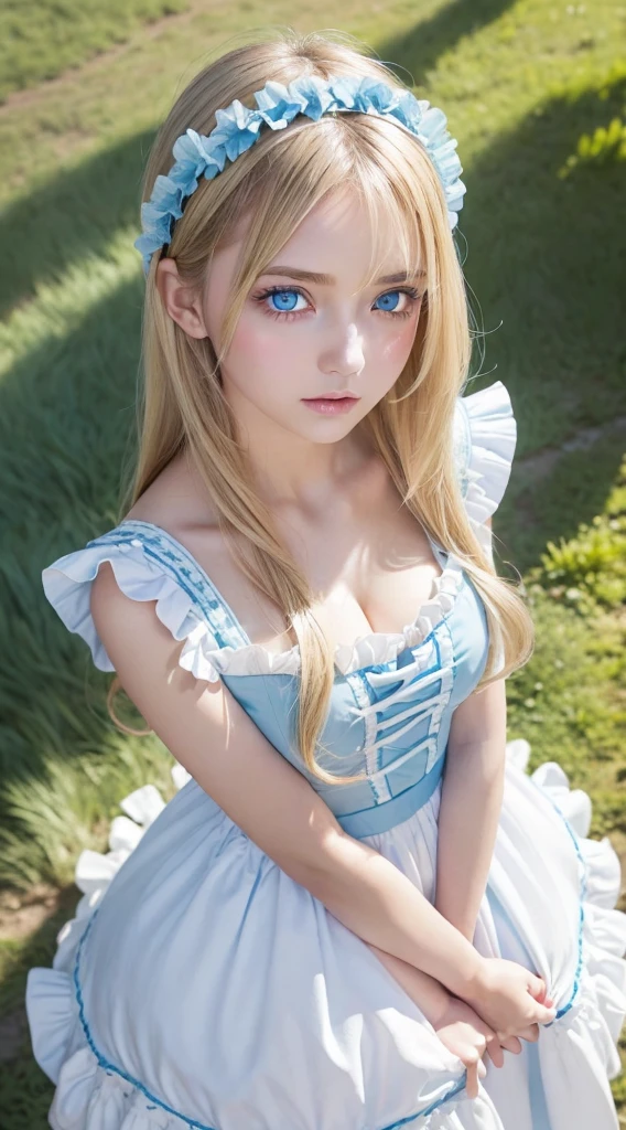 A beautiful girl with very beautiful bright blonde hair and bright light blue eyes.、masutepiece, Best Quality, Illustration, Ultra-detailed, finely detail, hight resolution, 8K Wallpaper, Very beautiful shiny super long hair、Very big shining light blue eyes、Perfect dynamic composition, ((close up:1.3, From  above, look at viewr)), Beautiful detailed bright light blue eyes , (Wearing a cotton maid costume, , Cute Frill Girl Dresses, maid headband, White the、brack、Blue color base), hair over eyes、片hair over eyes、hair between eye、Gloss Face、Teak Gloss、cheek highlights