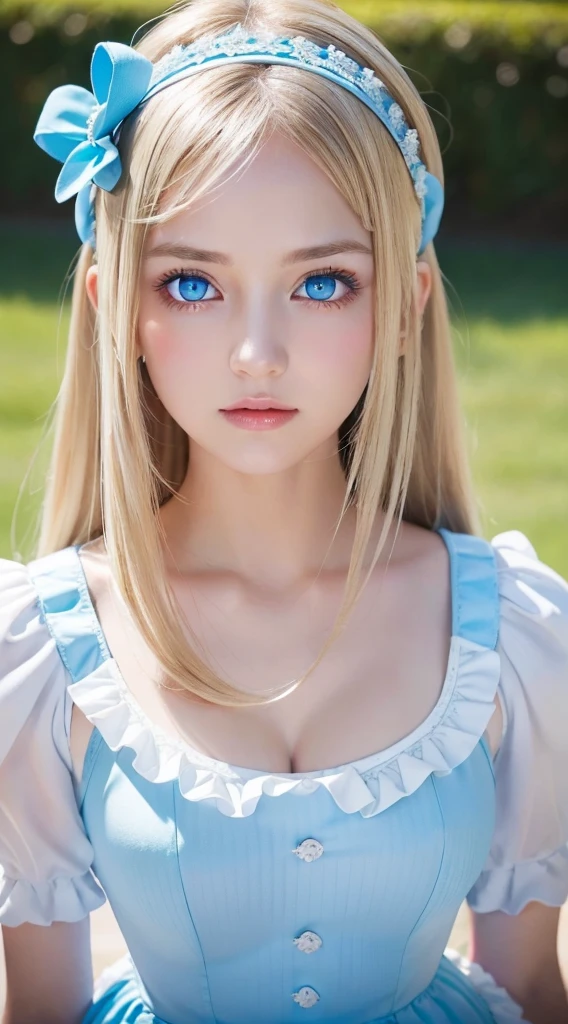 A beautiful girl with very beautiful bright blonde hair and bright light blue eyes.、masutepiece, Best Quality, Illustration, Ultra-detailed, finely detail, hight resolution, 8K Wallpaper, Very beautiful shiny super long hair、Very big shining light blue eyes、Perfect dynamic composition, ((close up:1.3, From  above, look at viewr)), Beautiful detailed bright light blue eyes , (Wearing a cotton maid costume, , Cute Frill Girl Dresses, maid headband, White the、brack、Blue color base), hair over eyes、片hair over eyes、hair between eye、Gloss Face、Teak Gloss、cheek highlights