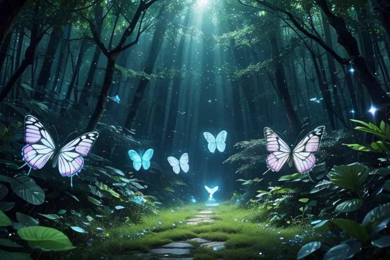 Labyrinth, Best quality,A high resolution,ultra - detailed,(actual:1.37),Fluorescent butterflies,Whole luminous transparent butterflies,Fantastical,Forest scene,Dewdrops,flash lights,soft mist,fluorescent light blue,emit bright light,transparency,enchanting atmosphere,The magic of nature,Surreal,HighDynamicRange,Focus sharp,bokeh