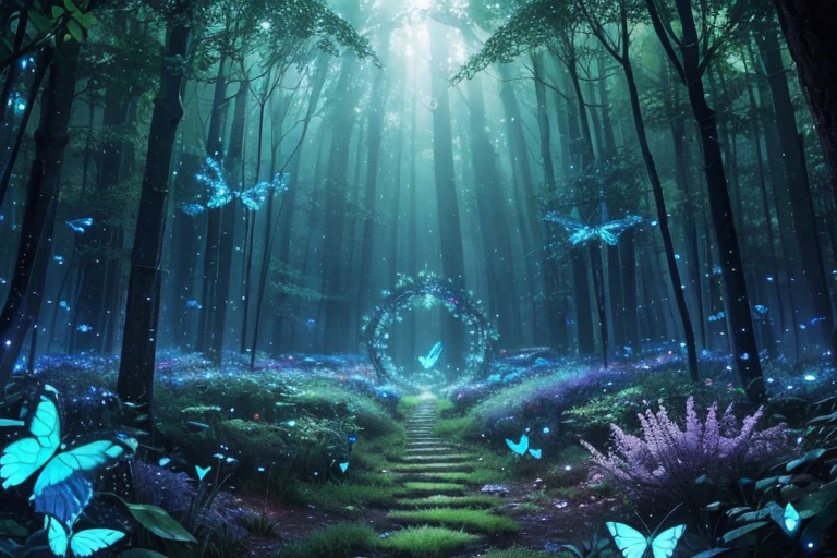 Labyrinth, Best quality,A high resolution,ultra - detailed,(actual:1.37),Fluorescent butterflies,Whole luminous transparent butterflies,Fantastical,Forest scene,Dewdrops,flash lights,soft mist,fluorescent light blue,emit bright light,transparency,enchanting atmosphere,The magic of nature,Surreal,HighDynamicRange,Focus sharp,bokeh