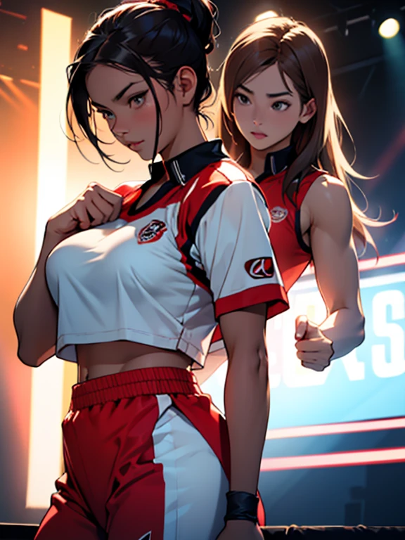 Beautiful girl with dark hair and big breasts wearing a Muay Thai uniform. Going on stage with the opponent, a beautiful woman with bronze hair.