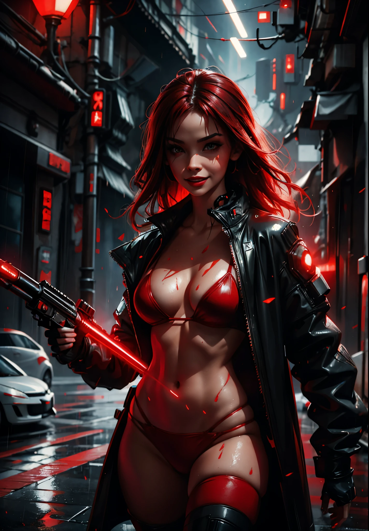 Red sith red bikini, dark smile, wet, rainy, sparks, particles, cyberpunk