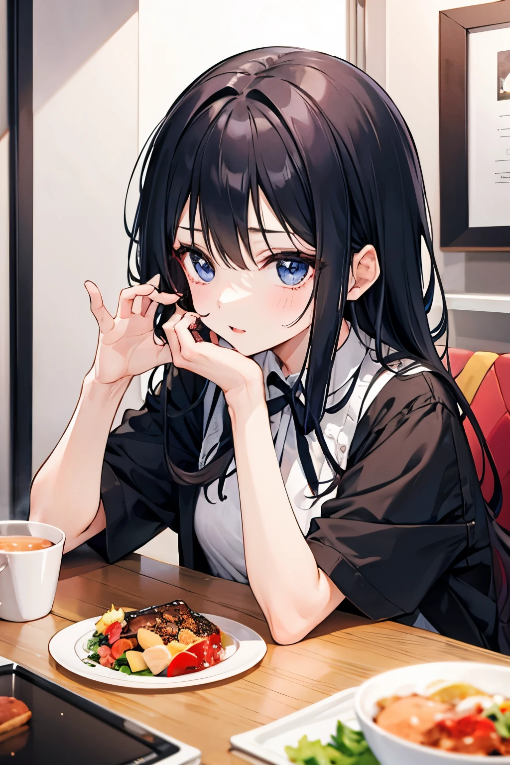 girl with、Dining、Long black hair、Connect、cute little