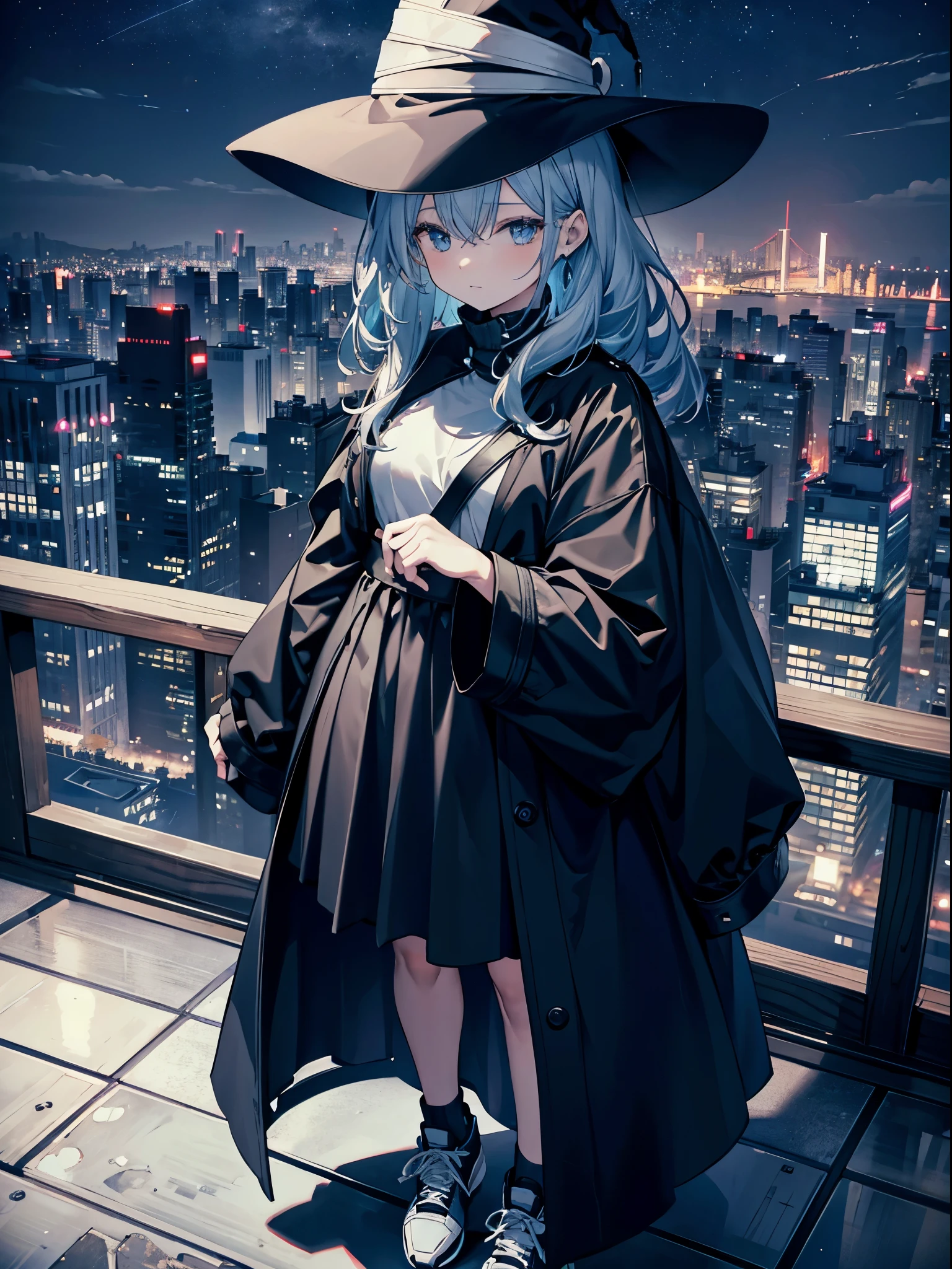 This is the rooftop of the tallest building in Tokyo.、You can look down on the city buildings from here.、It's night now、Woman wearing a large black witch hat with sapphire accessories、wearing a long black coat、I'm wearing a short white T-shirt、She is wearing a long flowing ivory skirt.、black running shoes with white laces、Short dark blue loose lob hair、small tits、