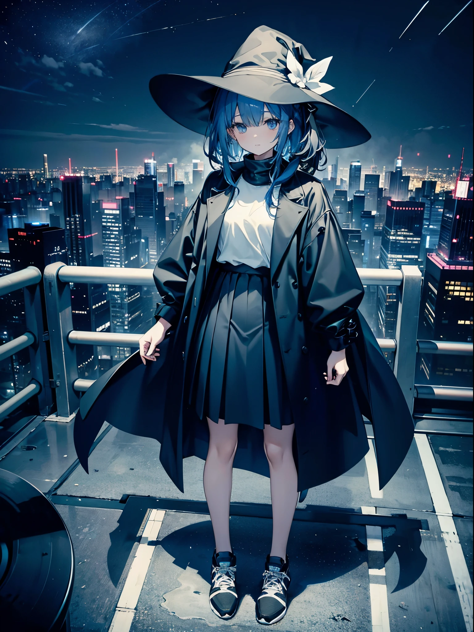 This is the rooftop of the tallest building in Tokyo.、You can look down on the city buildings from here.、It's night now、Woman wearing a large black witch hat with sapphire accessories、wearing a long black coat、I'm wearing a short white T-shirt、She is wearing a long flowing ivory skirt.、black running shoes with white laces、Short dark blue loose lob hair、small tits、
