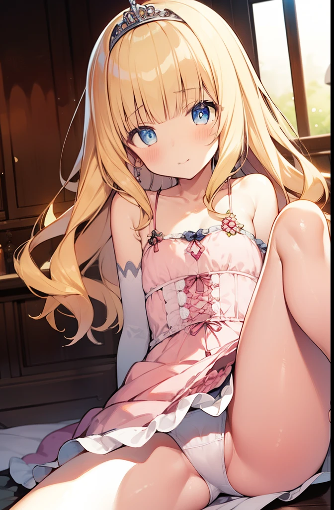 latifafleuranza, latifa fleuranza, (yellow hair:1.5), blue eyes, long hair, (flat chest:1.2),
BREAK diadem, tiara, elbow gloves, gloves, white gloves, dress, frilled dress, long skirt, frilled skirt, corset, (pink dress:1.5),
BREAK looking at viewer, full body,
BREAK indoors,
BREAK (masterpiece:1.2), best quality, high resolution, unity 8k wallpaper, (illustration:0.8), (beautiful detailed eyes:1.6), extremely detailed face, perfect lighting, extremely detailed CG, (perfect hands, perfect anatomy),(white panties:1.5), (short, tiny, little:1.2), (spread legs, open legs, knee up:1.3), groin, perineum, leaning back, body tilt, shy, blush, embarrassed, arms behind back, cowboy shot, dutch angle,