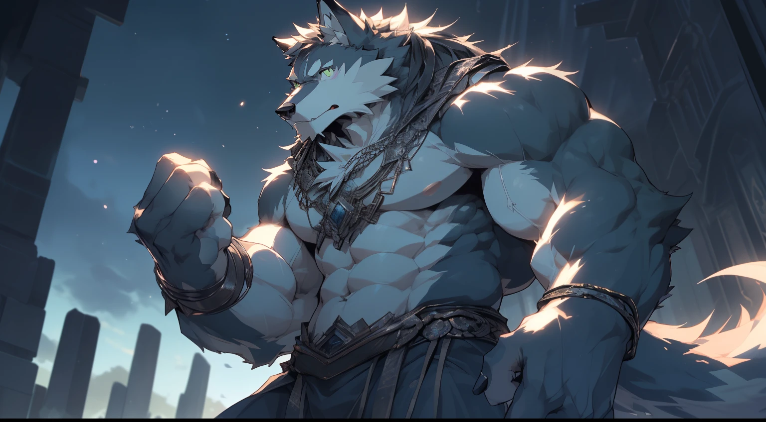 ((by null-ghost)), solo, 1boy, kemono, shine eyes, handsome face, full body, large pecs, finely detailed paws with five fingers, detailed face, detailed fur, detailed big mane , one tail, detailed eyes, green eyes with black iris, white sclera, (detailed hands), detailed fingers, muscular, furry, body hair, ((sexy muscular anthro wolf)), ambient lighting, medium shot, low angle view, ((naked)),masterpiece, Amazing Details, Shallow Depth of Field, (masterpiece, Best Quality, Clear image quality, hight resolution,4K image quality)