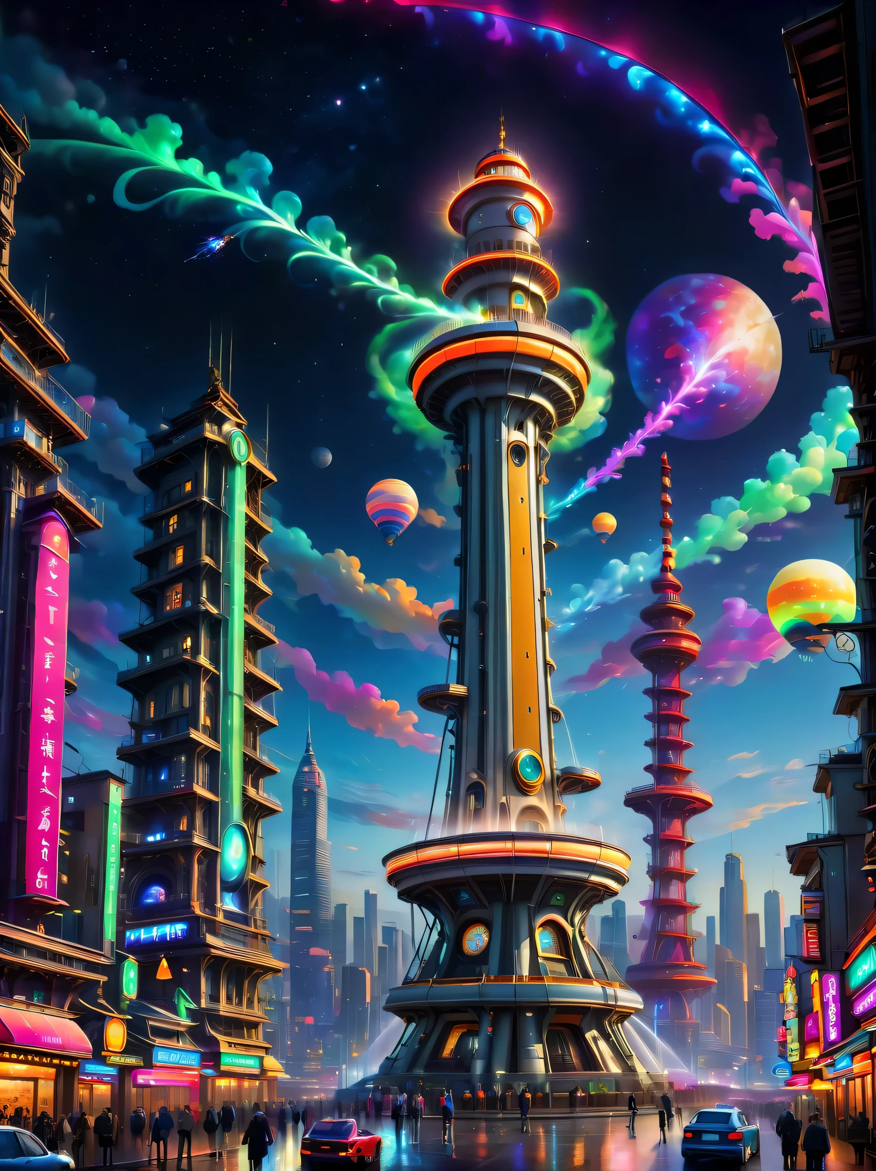 In the distant future,In a mechanical city illuminated by technology and neon lights,A huge neon lighthouse stands,The background of this painting is a night view of the city,Dotted with brilliant stars and swirling nebulae。Machine City night view。Soaring skyscrapers,Neon lights flash with colorful light,Flying cars shuttle through the sky,Robots and humans live in harmony。In the heart of the city,A huge mechanical tower stands,There is a huge clock on the top of the tower,The hour and minute hands keep turning。There are various gears and mechanisms surrounding the clock,They run constantly and make a slight clicking sound。Below the mechanical tower,It's a huge one,Many people gathered in。some people are shopping,some people are eating,Some people are chatting,others are dancing。中心有一个巨大的The fountain,The fountain's water column continues to flow out,Shimmering under the lights。