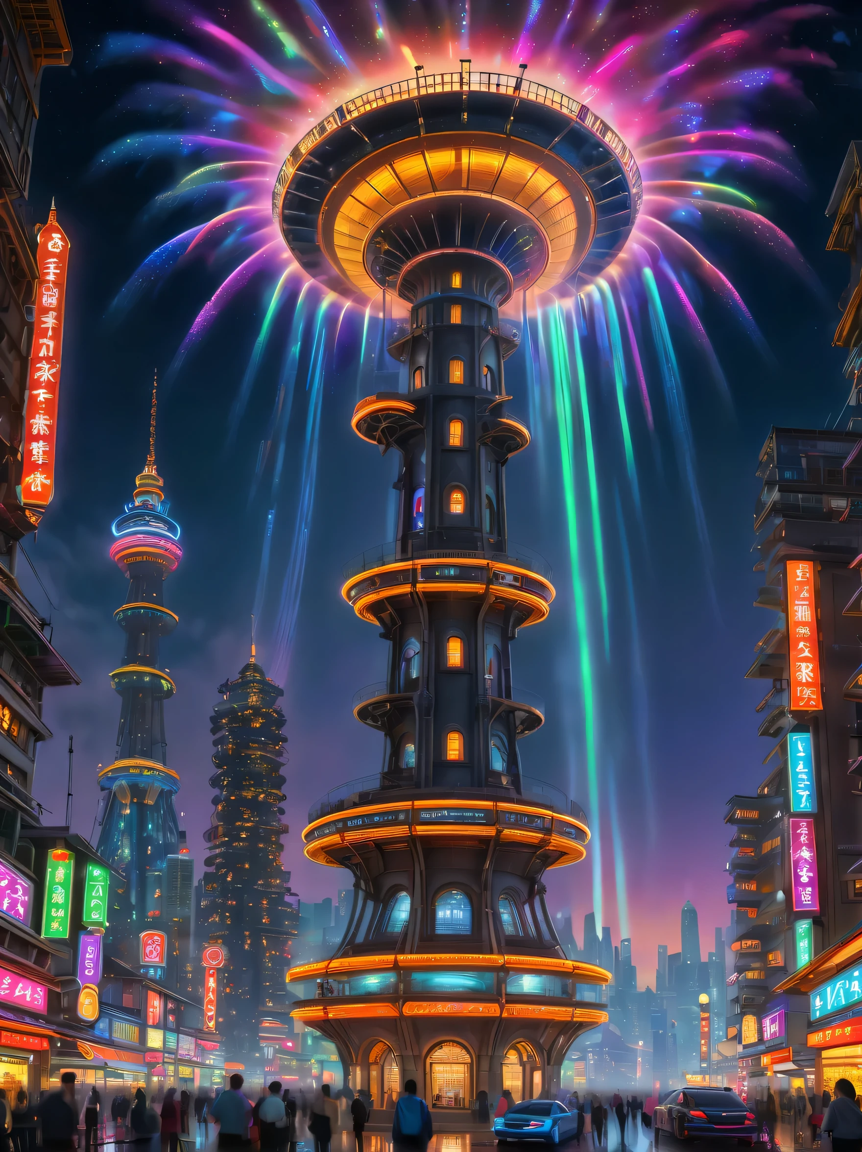 In the distant future，In a mechanical city illuminated by technology and neon lights，A huge neon lighthouse stands，The background of this painting is a night view of the city，Dotted with brilliant stars and swirling nebulae。Machine City night view。Soaring skyscrapers，Neon lights flash with colorful light，Flying cars shuttle through the sky，Robots and humans live in harmony。In the heart of the city，A huge mechanical tower stands，There is a huge clock on the top of the tower，The hour and minute hands keep turning。There are various gears and mechanisms surrounding the clock，They run constantly and make a slight clicking sound。Below the mechanical tower，It's a huge one，Many people gathered in。some people are shopping，some people are eating，Some people are chatting，others are dancing。中心有一个巨大的The fountain，The fountain&#39;s water column continues to flow out，Shimmering under the lights。