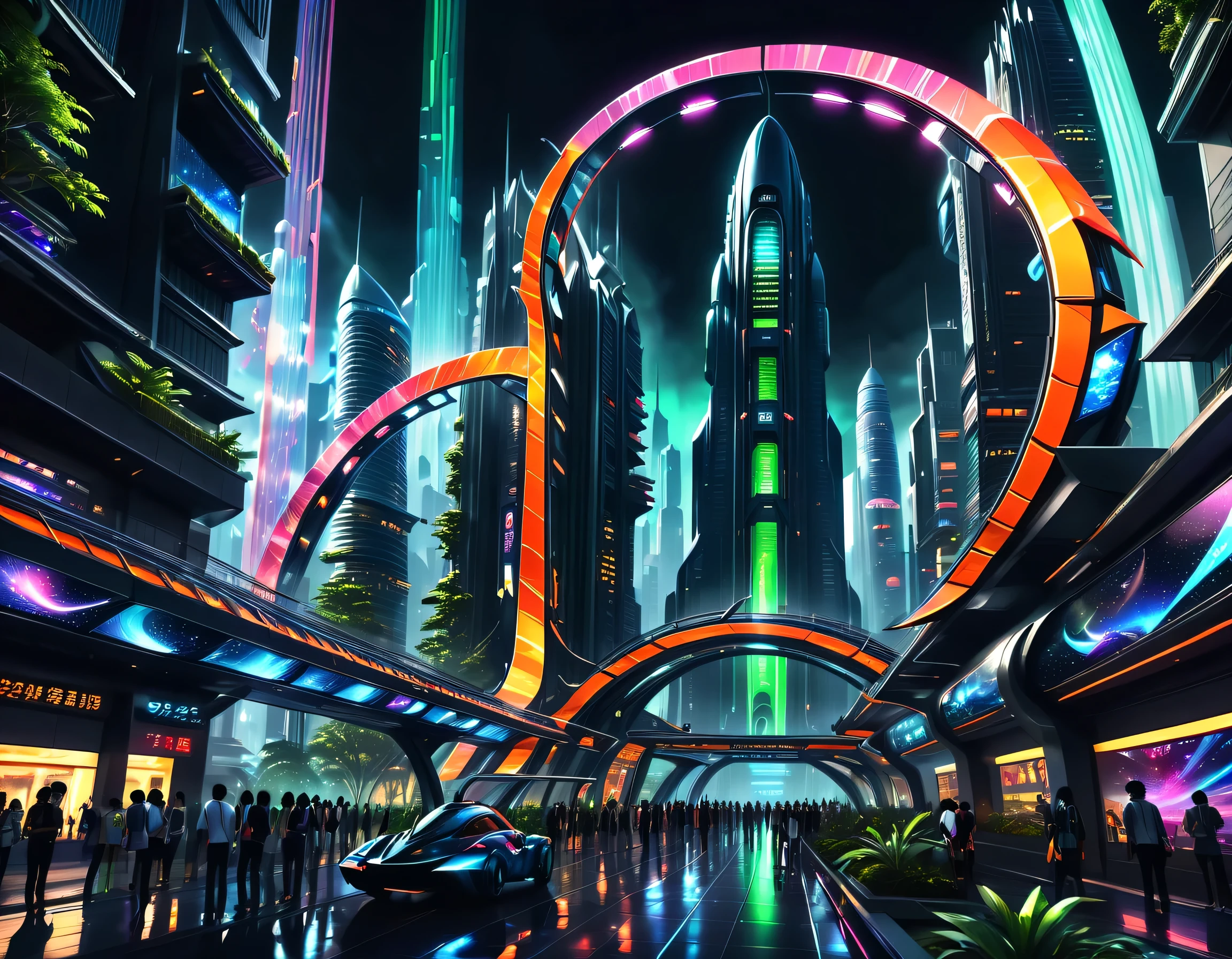 In this image of a futuristic city at night,We were taken into a city full of technology and innovation。Tall skyscrapers glowing with neon lights in the night sky,Form a series of colored lines。The exterior walls of these buildings are covered with reflective materials,Reflect surrounding light,Create a futuristic atmosphere。 On the streets of the city,Driverless cars and planes flying by,They leave colorful traces in the night sky。The vehicles are made of smooth metal and transparent materials,It gives a sense of technology and the future。People wear fashionable clothes,Wear smart glasses and bracelets,Integration with technology。 The center of the city is a huge,There is a huge water screen projection on it,Displays a variety of gorgeous images and animations。People watch the water screen projection,Enjoy a unique interactive experience with artwork and technology demonstrations。Surrounded by green belt,Planting the plants of the future,These plants emit faint fluorescence,Add a touch of vitality and natural flavor to the city。 in the distance of the picture,We can see a huge spaceport,The spaceship is taking off,Manned travel to unknown areas of the universe。The spaceport’s architectural design is unique,Full of curves and streamlined elements,It gives a sense of future technology。 The whole picture is full of a sense of technology and the future,Showing a future city full of innovation and imagination。The painting is rich in detail,Vibrant colors full of imagination and creativity,It makes people feel like they are in a future world full of technological miracles。