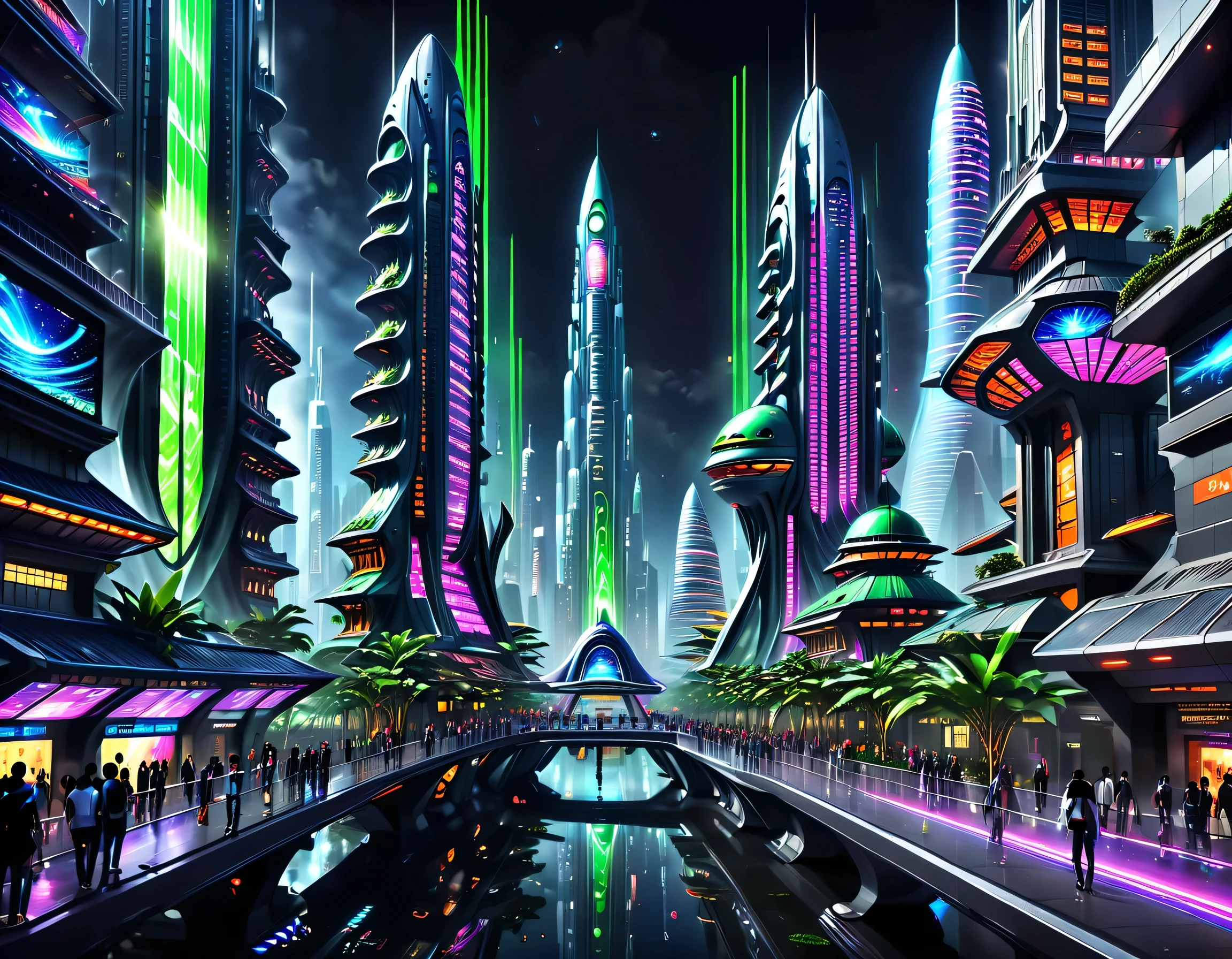 In this image of a futuristic city at night，We were taken into a city full of technology and innovation。Tall skyscrapers glowing with neon lights in the night sky，Form a series of colored lines。The exterior walls of these buildings are covered with reflective materials，Reflect surrounding light，Create a futuristic atmosphere。 On the streets of the city，Driverless cars and planes flying by，They leave colorful traces in the night sky。The vehicles are made of smooth metal and transparent materials，It gives a sense of technology and the future。People wear fashionable clothes，Wear smart glasses and bracelets，Integration with technology。 The center of the city is a huge，There is a huge water screen projection on it，Displays a variety of gorgeous images and animations。People watch the water screen projection，Enjoy a unique interactive experience with artwork and technology demonstrations。Surrounded by green belt，Planting the plants of the future，These plants emit faint fluorescence，Add a touch of vitality and natural flavor to the city。 in the distance of the picture，We can see a huge spaceport，The spaceship is taking off，Manned travel to unknown areas of the universe。The spaceport’s architectural design is unique，Full of curves and streamlined elements，It gives a sense of future technology。 The whole picture is full of a sense of technology and the future，Showing a future city full of innovation and imagination。The painting is rich in detail，Vibrant colors full of imagination and creativity，It makes people feel like they are in a future world full of technological miracles。