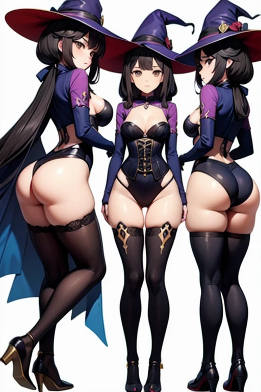 ((masterpiece)),(((best quality))),(character design sheet, same character, same outfit, front view, side view, back view), illustration, 1 girl, alone, beautiful girl, genshin impact style, full body, witch, purple witch costume, big witch hat, golden eyes, long black hair, medium breasts, corset, open legs, thick thighs, black tight thigh stockings, big butt.
