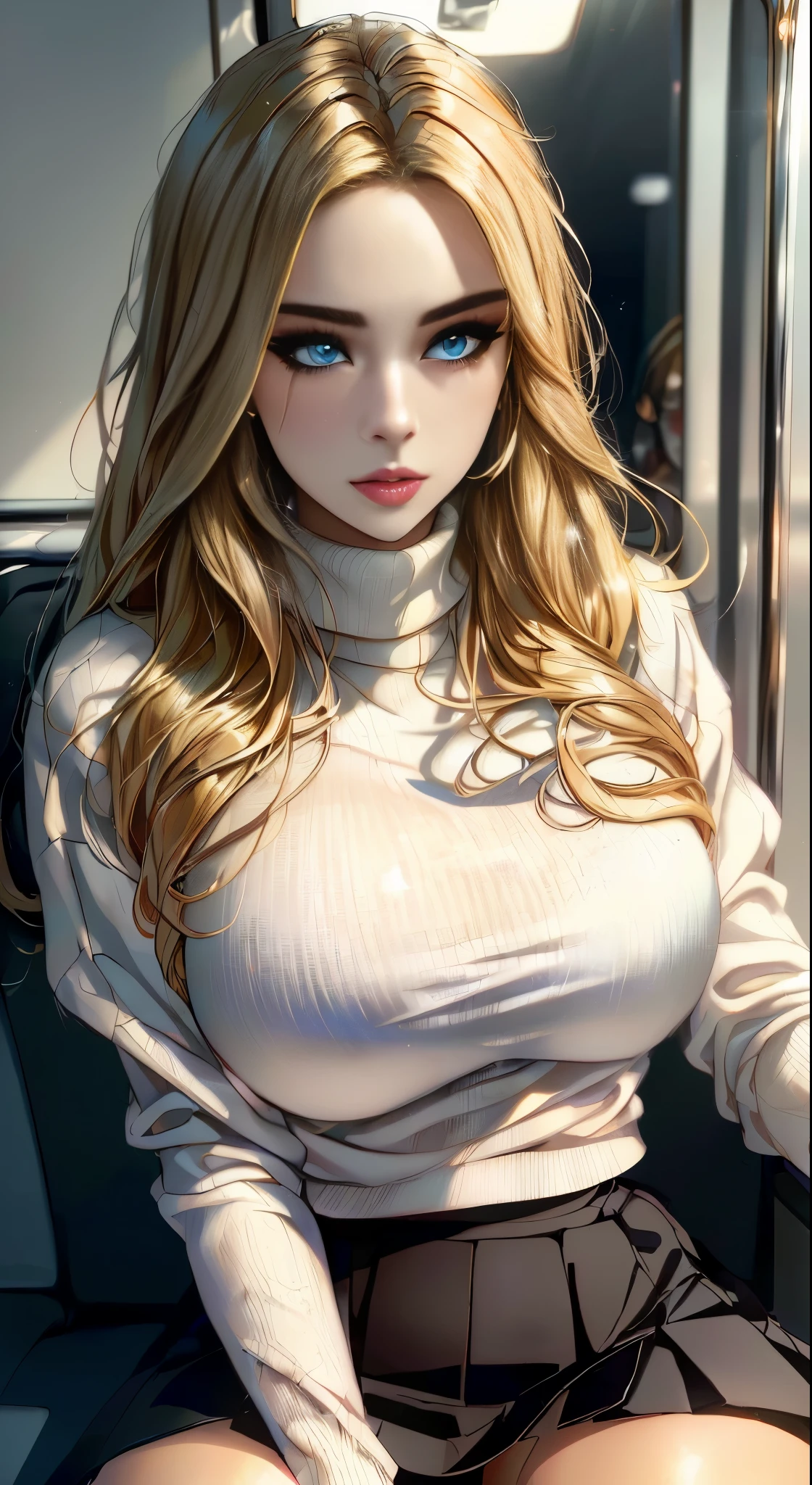 ((Realistic lighting、top-quality、8K、​masterpiece:1.3))、Clear focus:1.2、1girl in、Beautiful woman with perfect body shape:1.4、Highly detailed facial and skin texture、hyperdetailed face、Detailed lips、A detailed eye、long blonde hair、eye line、blue eyes, makeup、Tight clothes、(turtleneck shirt、a miniskirt:1.1)、(huge-breasted:1.2)、Sitting on a chair、On the train、