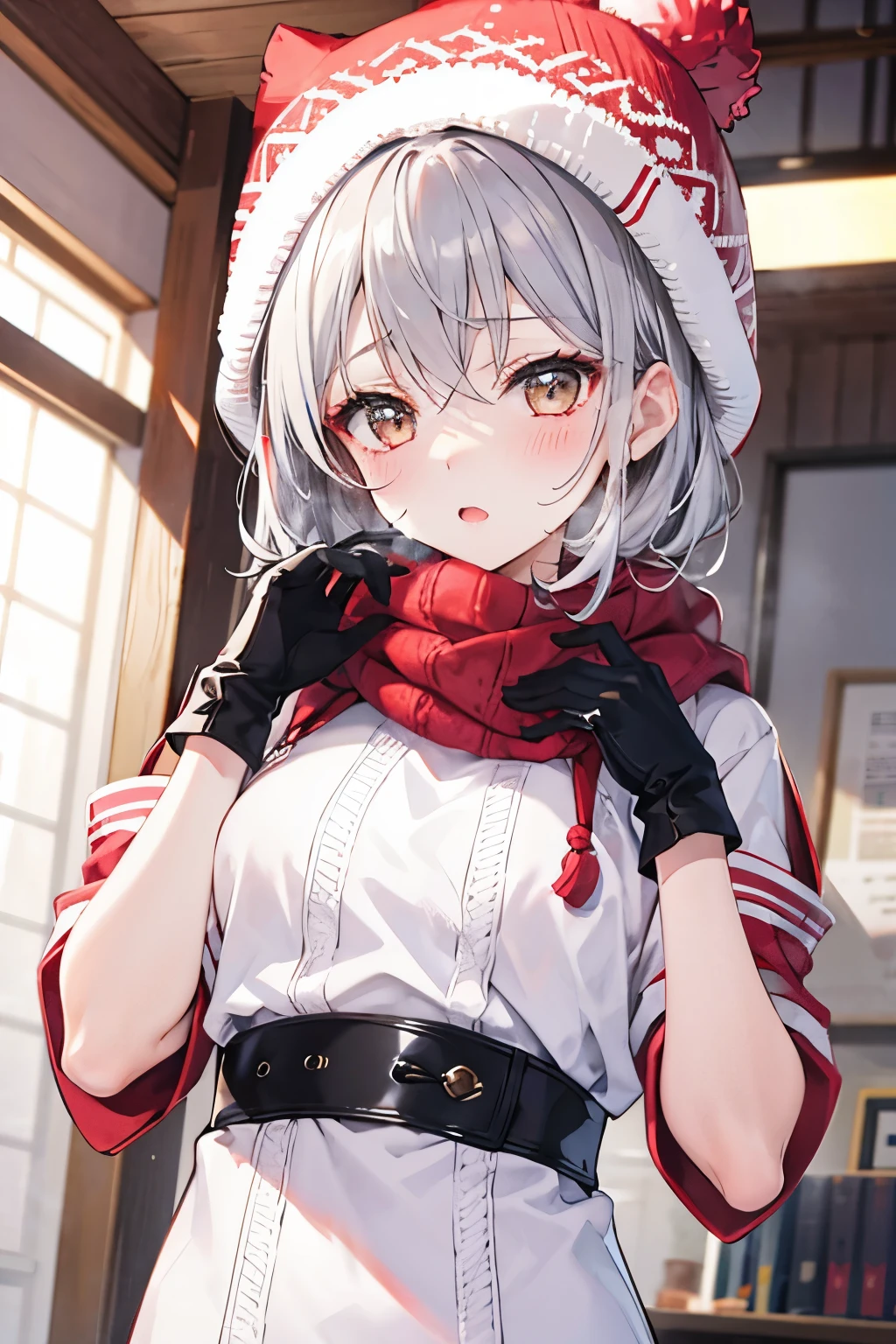 girl with、knit hat、gloves、red blush、kou、White breath、short、silber hair、startled