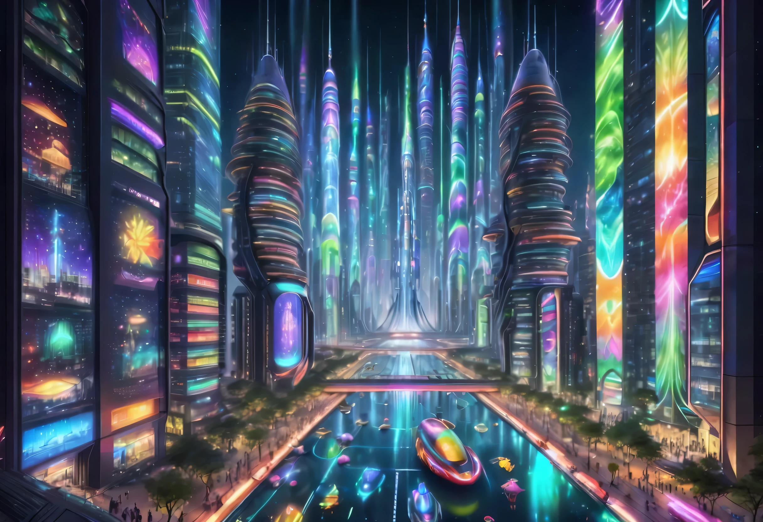 In this image of a futuristic city at night,We were taken into a city full of technology and innovation。Tall skyscrapers glowing with neon lights in the night sky,Form a series of colored lines。The exterior walls of these buildings are covered with reflective materials,Reflect surrounding light,Create a futuristic atmosphere。 On the streets of the city,Driverless cars and planes flying by,They leave colorful traces in the night sky。The vehicles are made of smooth metal and transparent materials,It gives a sense of technology and the future。People wear fashionable clothes,Wear smart glasses and bracelets,Integration with technology。 The center of the city is a huge,There is a huge water screen projection on it,Displays a variety of gorgeous images and animations。People watch the water screen projection,Enjoy a unique interactive experience with artwork and technology demonstrations。Surrounded by green belt,Planting the plants of the future,These plants emit faint fluorescence,Add a touch of vitality and natural flavor to the city。 in the distance of the picture,We can see a huge spaceport,The spaceship is taking off,Manned travel to unknown areas of the universe。The spaceport’s architectural design is unique,Full of curves and streamlined elements,It gives a sense of future technology。 The whole picture is full of a sense of technology and the future,Showing a future city full of innovation and imagination。The painting is rich in detail,Vibrant colors full of imagination and creativity,It makes people feel like they are in a future world full of technological miracles。