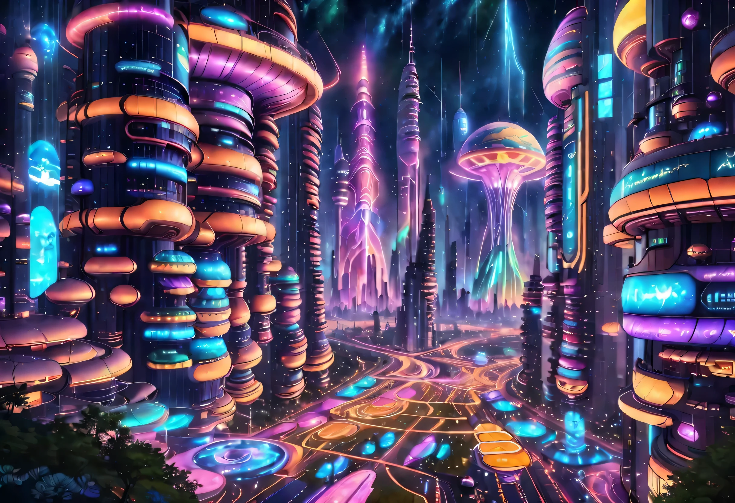 In this futuristic image of a city at night，We were taken into a city full of technology and innovation。Tall skyscrapers glow with neon lights in the night sky，Forming a series of colorful lines。The facades of these buildings are covered with reflective materials，Reflects surrounding lights，Create a futuristic atmosphere。 On the streets of the city，Driverless cars and aircraft fly by，They leave colorful trails in the night sky。These vehicles are made of smooth metal and  materials，It gives a sense of technology and the future。People wear fashionable clothing，Wearing smart glasses and bracelet，Integrate with technology。 The center of the city is a huge，There is a huge water screen projection on，Displays a variety of gorgeous images and animations。People surround the water curtain projection，Admire the art works and technology displayorming a unique interactive experience。surrounded by a green belt，Planting plants of the future，These plants emit faint fluorescence，Adding a touch of vitality and natural flavor to the city。 In the distance of the picture，We can see a huge spaceport，The spaceship is taking off，Carrying people to unknown areas of the universe。The spaceport’s architectural design is unique，Full of curves and streamlined elements，It gives a sense of futuristic technology。 The whole picture is full of a sense of technology and the future，Showing a future city full of innovation and imagination。This painting is rich in detail，vibrant with colorull of imagination and creativity，It makes people feel like they are in a future world full of technological wonders， (Cyberpunk night view， ultra - detailed， intricately details， deep colour， 8k解像度， realisticlying， tmasterpiece， cinmatic lighting， bokeh， Unreal Engine 5， rendering by octane， movie smoothing)