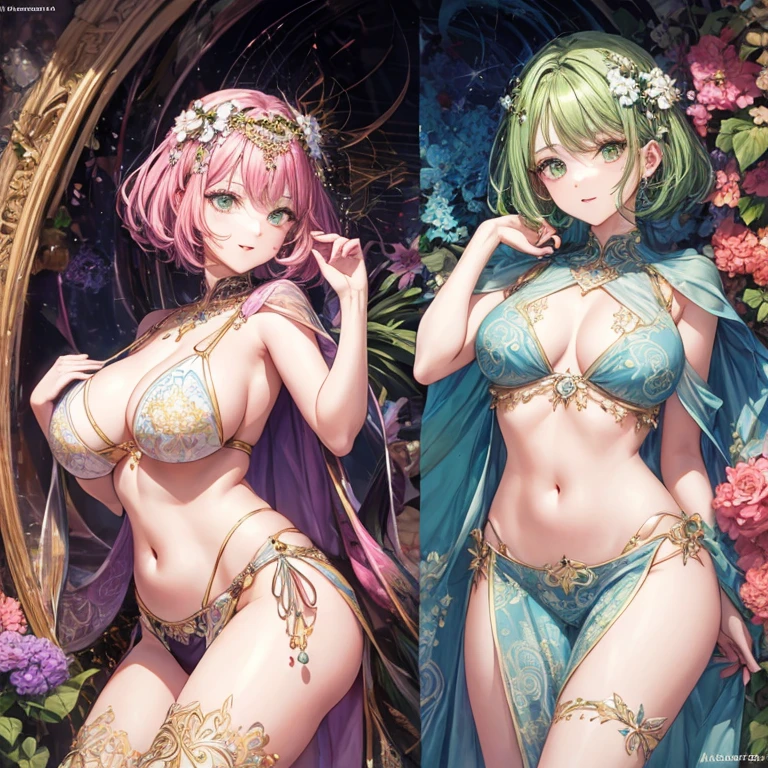 Half-naked aunt is shown with a rather slender figure. Ela tem cabelos branco-grisalhos , She has short hair and big pale green eyes, pernas abertas, 1 em roupas florestais transparentes, flor, Folhas, Mandala, fractal, corpo feminino completo, tatuagens de mandala e flores, pose sedutora, arte bem detalhada, beautiful breasts, mamas expostas, trans aberto