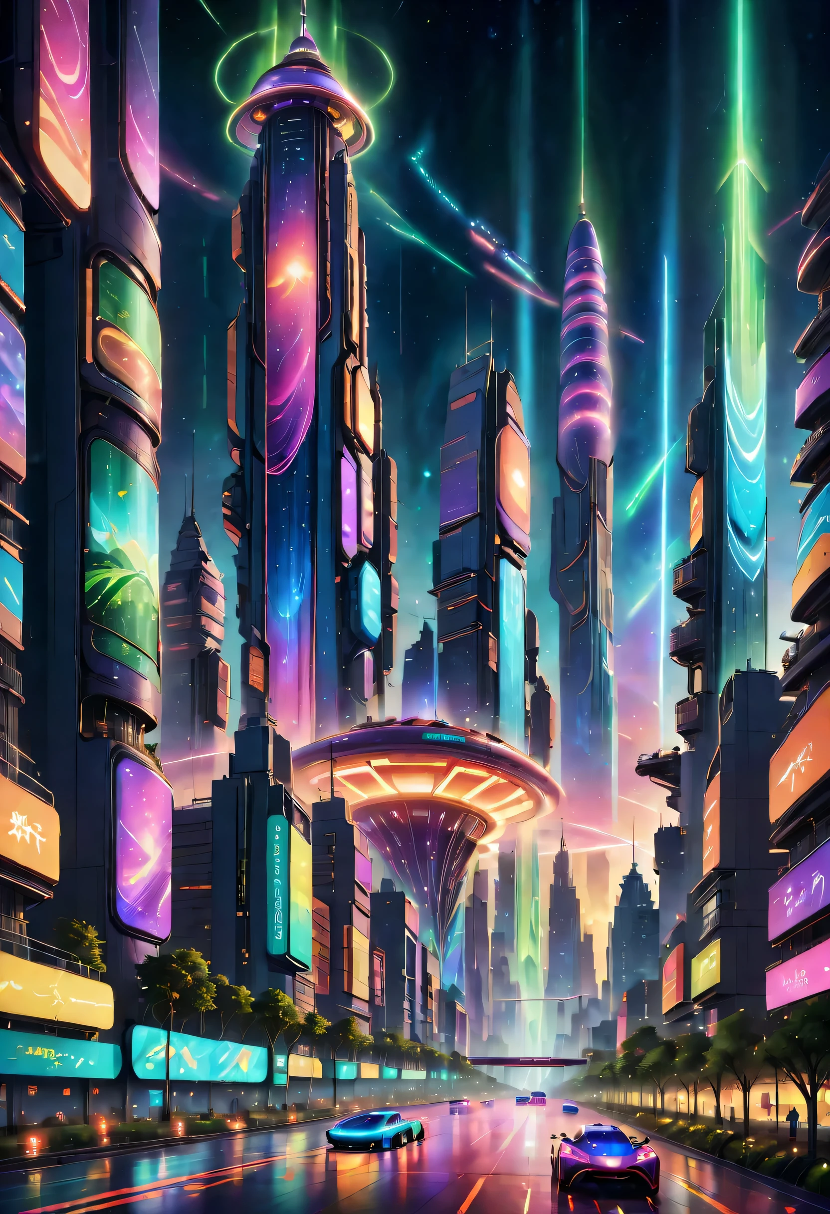 In this image of a futuristic city at night，We were taken into a city full of technology and innovation。Tall skyscrapers glowing with neon lights in the night sky，Form a series of colored lines。The exterior walls of these buildings are covered with reflective materials，Reflect surrounding light，Create a futuristic atmosphere。 On the streets of the city，Driverless cars and planes flying by，They leave colorful traces in the night sky。The vehicles are made of smooth metal and transparent materials，It gives a sense of technology and the future。People wear fashionable clothes，Wear smart glasses and bracelets，Integration with technology。 The center of the city is a huge，There is a huge water screen projection on it，Displays a variety of gorgeous images and animations。People watch the water screen projection，Enjoy a unique interactive experience with artwork and technology demonstrations。Surrounded by green belt，Planting the plants of the future，These plants emit faint fluorescence，Add a touch of vitality and natural flavor to the city。 in the distance of the picture，We can see a huge spaceport，The spaceship is taking off，Manned travel to unknown areas of the universe。The spaceport’s architectural design is unique，Full of curves and streamlined elements，It gives a sense of future technology。 The whole picture is full of a sense of technology and the future，Showing a future city full of innovation and imagination。The painting is rich in detail，Vibrant colors full of imagination and creativity，It makes people feel like they are in a future world full of technological miracles。