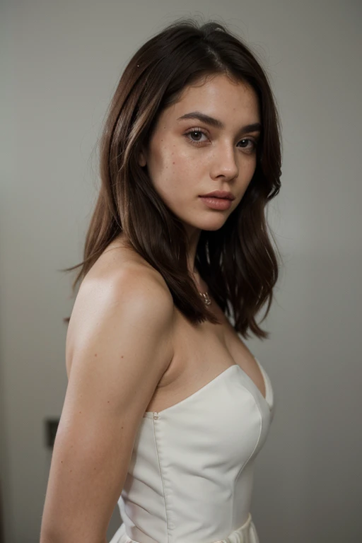 ((best quality)), ((masterpiece)), (detailed), perfect face realistic photo of beautiful woman with long dark brown hair, Russian, influencer, light freckles, dark brown eyes, big lips, no makeup, instagram, a woman in a black dress posing for a picture, tumblr, hurufiyya, feathered, an aesthetic!, high fashion classy, kimi vera, benjamin vnuk, strapless dress, smooth in _ the background, soft light from the side, fuji lut, background is heavenly, lookbook