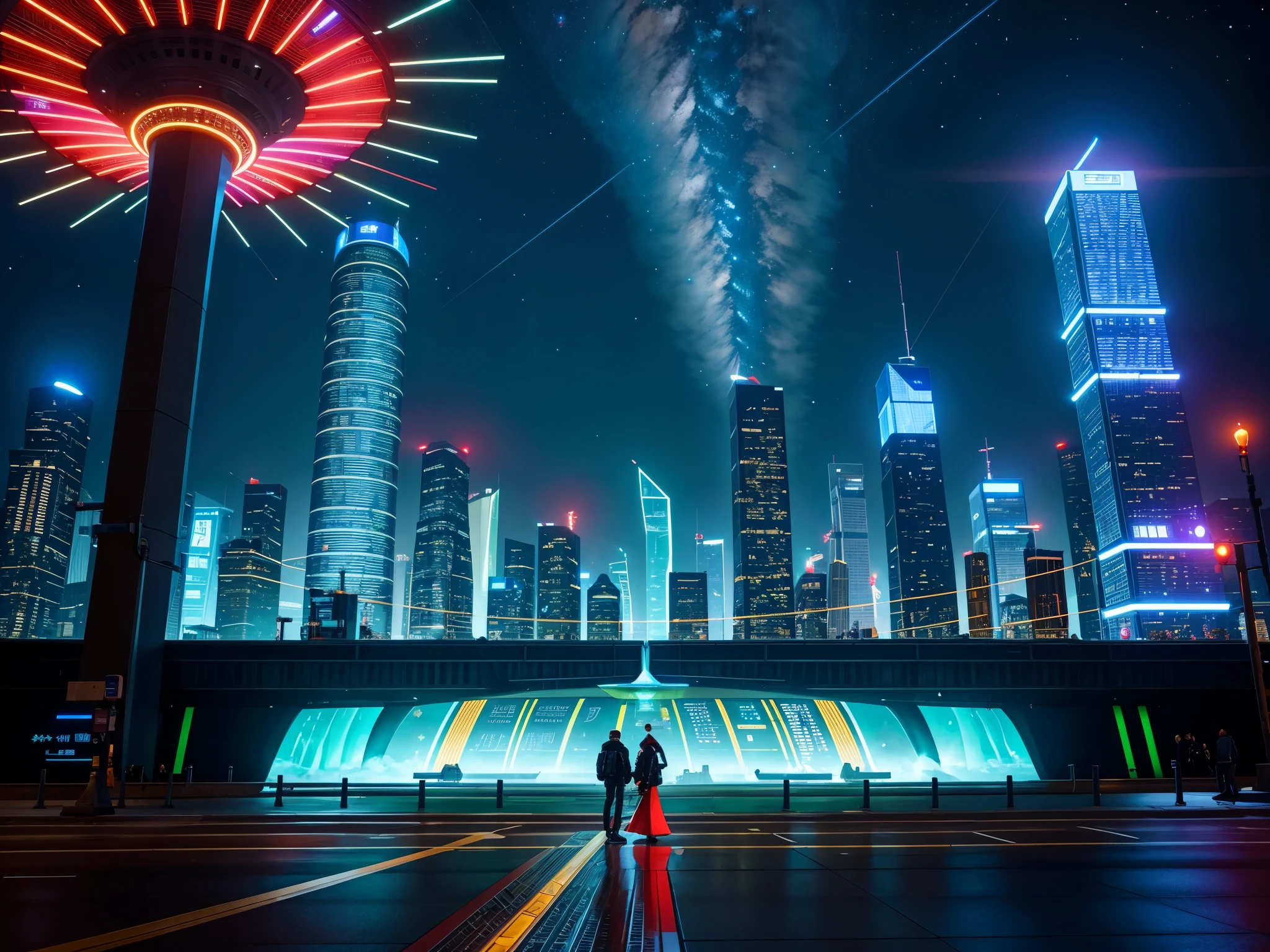 In this futuristic image of a city at night，We were taken into a city full of technology and innovation。Tall skyscrapers glow with neon lights in the night sky，Forming a series of colorful lines。The facades of these buildings are covered with reflective materials，Reflects surrounding lights，Create a futuristic atmosphere。 On the streets of the city，Driverless cars and aircraft fly by，They leave colorful trails in the night sky。These vehicles are made of smooth metal and transparent materials，It gives a sense of technology and the future。People wear fashionable clothing，Wearing smart glasses and bracelet，Integrate with technology。 The center of the city is a huge，There is a huge water screen projection on，Displays a variety of gorgeous images and animations。People surround the water curtain projection，Admire the art works and technology displayorming a unique interactive experience。surrounded by a green belt，Planting plants of the future，These plants emit faint fluorescence，Adding a touch of vitality and natural flavor to the city。 In the distance of the picture，We can see a huge spaceport，The spaceship is taking off，Carrying people to unknown areas of the universe。The spaceport’s architectural design is unique，Full of curves and streamlined elements，It gives a sense of futuristic technology。 The whole picture is full of a sense of technology and the future，Showing a future city full of innovation and imagination。This painting is rich in detail，vibrant with colorull of imagination and creativity，It makes people feel like they are in a future world full of technological wonders， (Cyberpunk night view， ultra - detailed， intricately details， deep colour， 8k解像度， realisticlying， tmasterpiece， cinmatic lighting， bokeh， Unreal Engine 5， rendering by octane， movie smoothing)