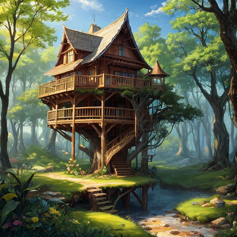 a treehouse in the middle of a forest, uma pintura fosca detalhada por Yi Insang, CGSetnation, fantasia art, Encantadora, fantasia, feito de videiras