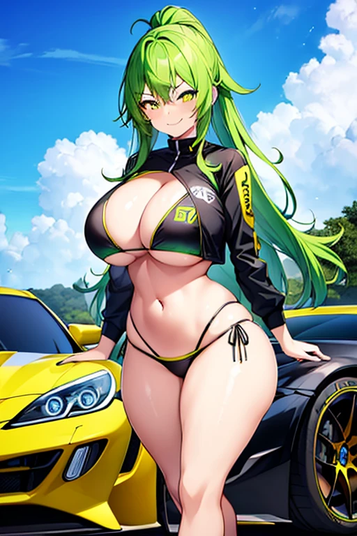 1girl, anime screencap, ((anime screencap)), anime style ((anime style)), large breasts, breasts, wide hips, thick thighs, green hair, yellow eyes, bikini, black bikini, smug, smirk, smile, race queen, race car, sports car, sport car, motor vehicle, neon, neon trim, futuristic, science-fiction