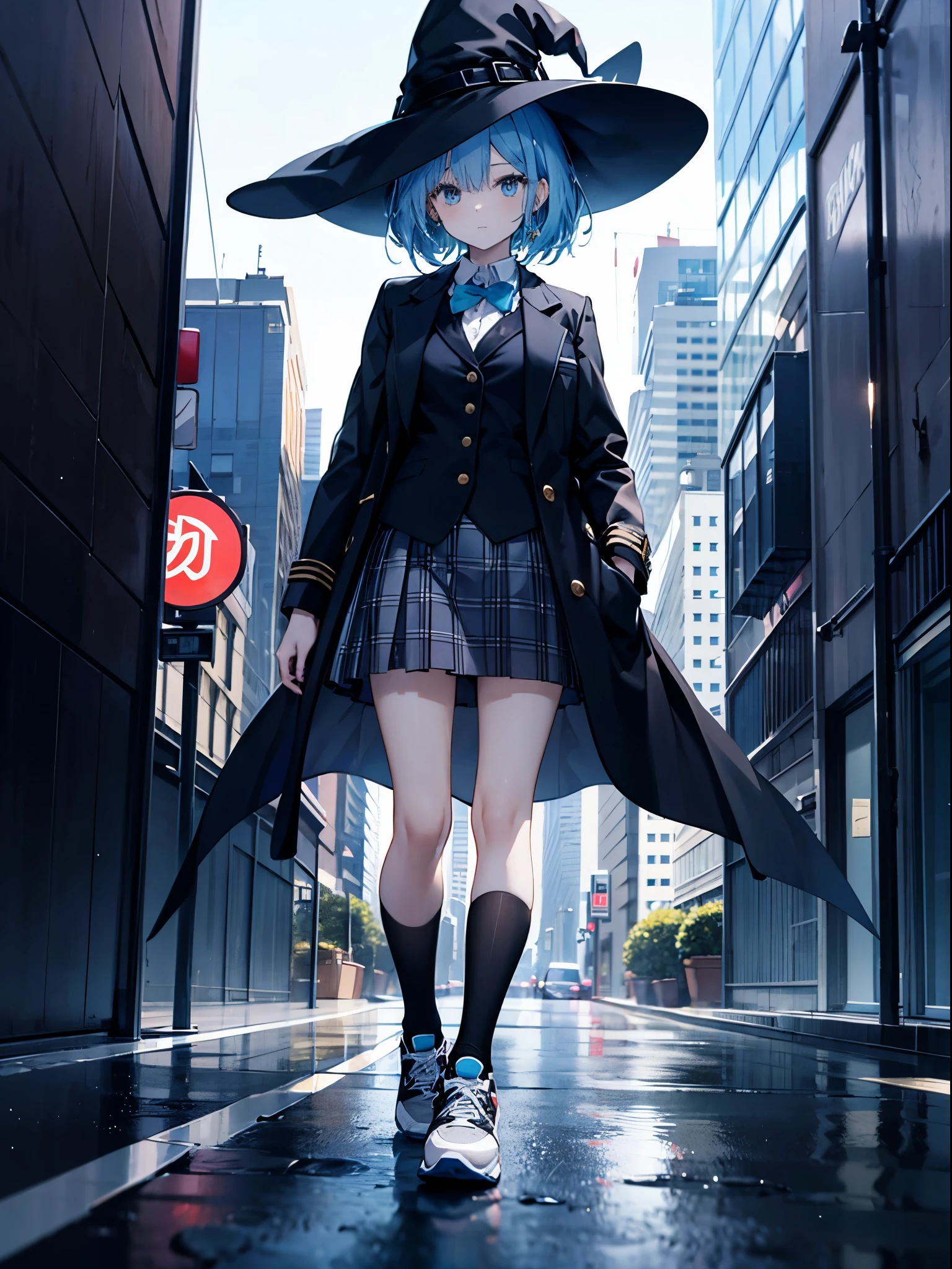 This is the rooftop of the tallest building in Tokyo.、You can look down on the city buildings from here.、It's night now、Woman wearing a large black witch hat with sapphire accessories、wearing a long black coat、she is wearing a blazer uniform、she is wearing a checked skirt、knee-length black stockings、black running shoes with white laces、Short dark blue loose lob hair、small tits、