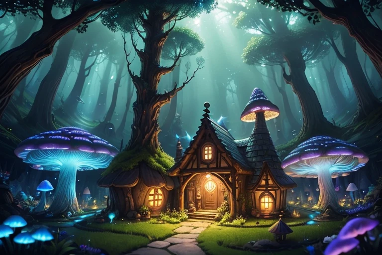 Labyrinth (masterpiece:1.2),bioluminescent mushroom town,fairy houses,magical forest,fairies,glimmering lights,vibrant colors,sparkling mushrooms,fairy dust,sunlight filtering through leaves, fantasy land,enchanted home,glistening cobblestone streets,tranquil ponds,enchanted flowers