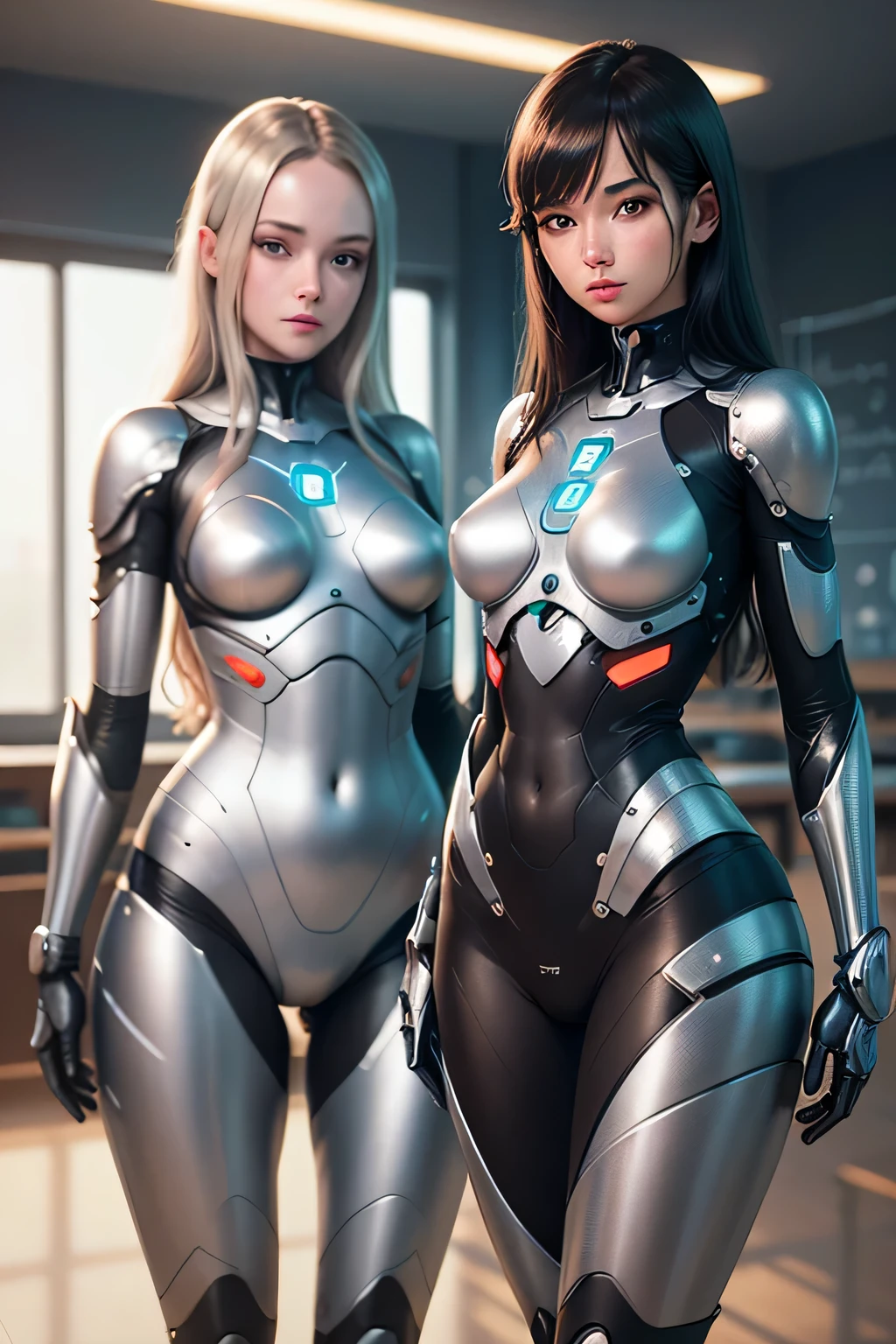 Female teacher and female student turned into robots Mechanical body shining metallic Chatting in the classroom, nffsw, retinas, masutepiece, ccurate, Anatomically correct, Textured skin, Super Detail, high details, High quality, awardwinning, Best Quality, hight resolution