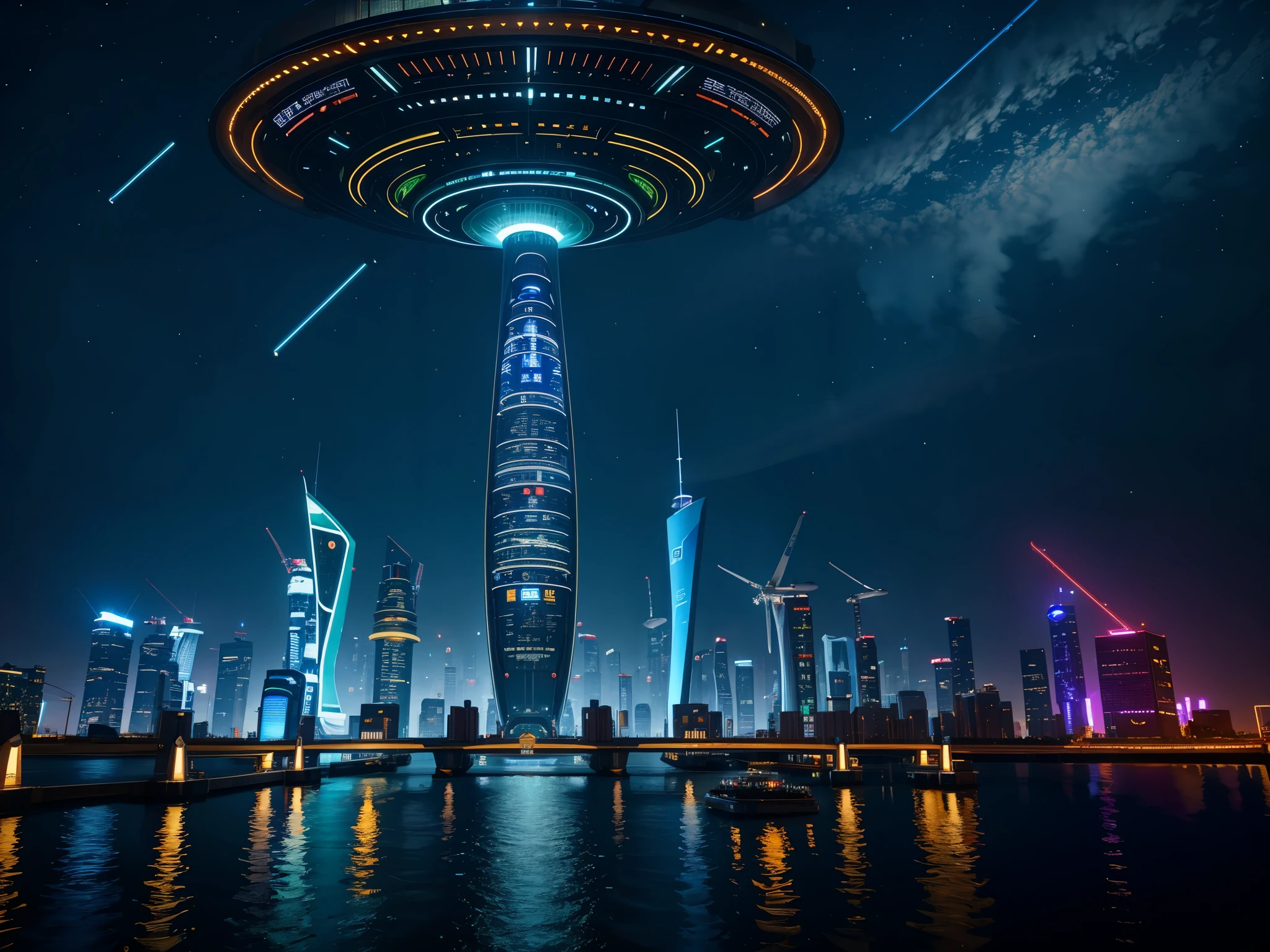 In this futuristic image of a city at night，We were taken into a city full of technology and innovation。Tall skyscrapers glow with neon lights in the night sky，Forming a series of colorful lines。The facades of these buildings are covered with reflective materials，Reflects surrounding lights，Create a futuristic atmosphere。 On the streets of the city，Driverless cars and aircraft fly by，They leave colorful trails in the night sky。These vehicles are made of smooth metal and transparent materials，It gives a sense of technology and the future。People wear fashionable clothing，Wearing smart glasses and bracelet，Integrate with technology。 The center of the city is a huge，There is a huge water screen projection on，Displays a variety of gorgeous images and animations。People surround the water curtain projection，Admire the art works and technology displayorming a unique interactive experience。surrounded by a green belt，Planting plants of the future，These plants emit faint fluorescence，Adding a touch of vitality and natural flavor to the city。 In the distance of the picture，We can see a huge spaceport，The spaceship is taking off，Carrying people to unknown areas of the universe。The spaceport’s architectural design is unique，Full of curves and streamlined elements，It gives a sense of futuristic technology。 The whole picture is full of a sense of technology and the future，Showing a future city full of innovation and imagination。This painting is rich in detail，vibrant with colorull of imagination and creativity，It makes people feel like they are in a future world full of technological wonders， (Cyberpunk night view， ultra - detailed， intricately details， deep colour， 8k解像度， realisticlying， tmasterpiece， cinmatic lighting， bokeh， Unreal Engine 5， rendering by octane， movie smoothing)