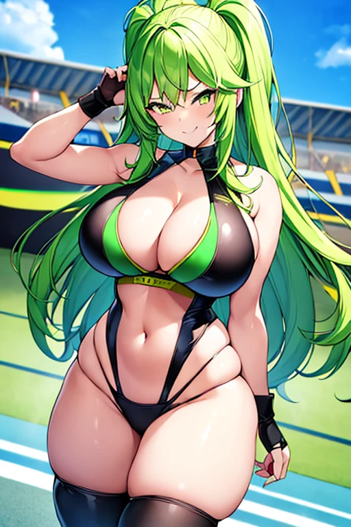 1girl, anime screencap, ((anime screencap)), anime style ((anime style)), large breasts, breasts, wide hips, thick thighs, green hair, yellow eyes, bikini, black bikini, smug, smirk, smile, race queen, race car, sports car, sport car, motor vehicle, neon, neon trim, futuristic, science-fiction, highleg, text