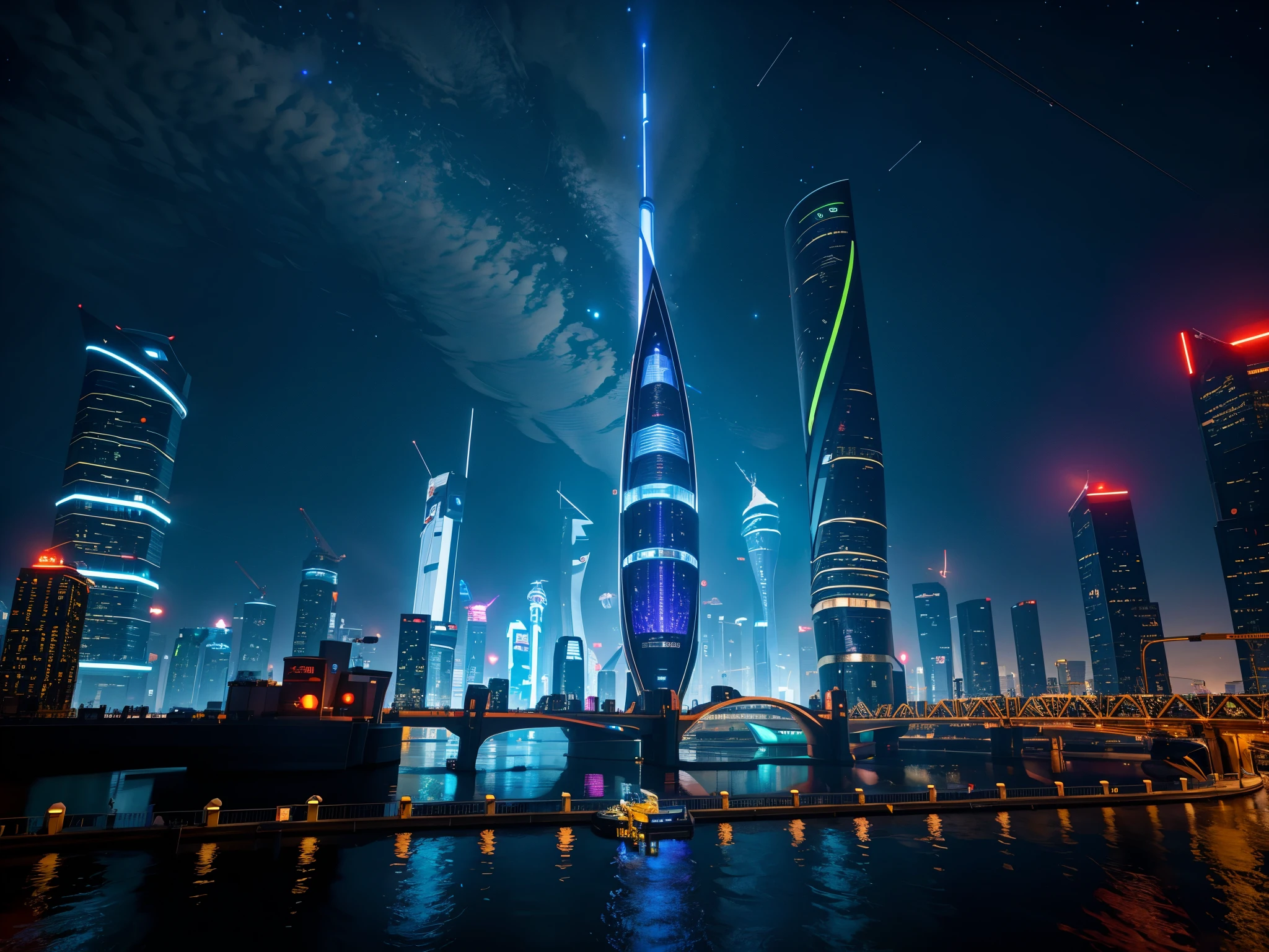 In this futuristic image of a city at night,We were taken into a city full of technology and innovation。Tall skyscrapers glow with neon lights in the night sky,Forming a series of colorful lines。The facades of these buildings are covered with reflective materials,Reflects surrounding lights,Create a futuristic atmosphere。 On the streets of the city,Driverless cars and aircraft fly by,They leave colorful trails in the night sky。These vehicles are made of smooth metal and transparent materials,It gives a sense of technology and the future。People wear fashionable clothing,Wearing smart glasses and bracelet,Integrate with technology。 The center of the city is a huge,There is a huge water screen projection on,Displays a variety of gorgeous images and animations。People surround the water curtain projection,Admire the art works and technology displayorming a unique interactive experience。surrounded by a green belt,Planting plants of the future,These plants emit faint fluorescence,Adding a touch of vitality and natural flavor to the city。 In the distance of the picture,We can see a huge spaceport,The spaceship is taking off,Carrying people to unknown areas of the universe。The spaceport’s architectural design is unique,Full of curves and streamlined elements,It gives a sense of futuristic technology。 The whole picture is full of a sense of technology and the future,Showing a future city full of innovation and imagination。This painting is rich in detail,vibrant with colorull of imagination and creativity,It makes people feel like they are in a future world full of technological wonders, (Cyberpunk night view, ultra - detailed, intricately details, deep colour, 8k解像度, realisticlying, tmasterpiece, cinmatic lighting, bokeh, Unreal Engine 5, rendering by octane, movie smoothing)