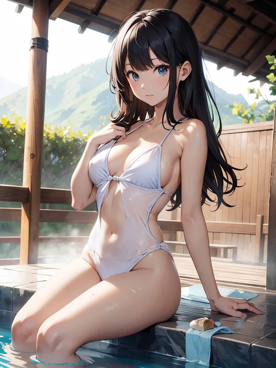 Swimsuits with extremely little fabric、a towel、teats、hot onsen