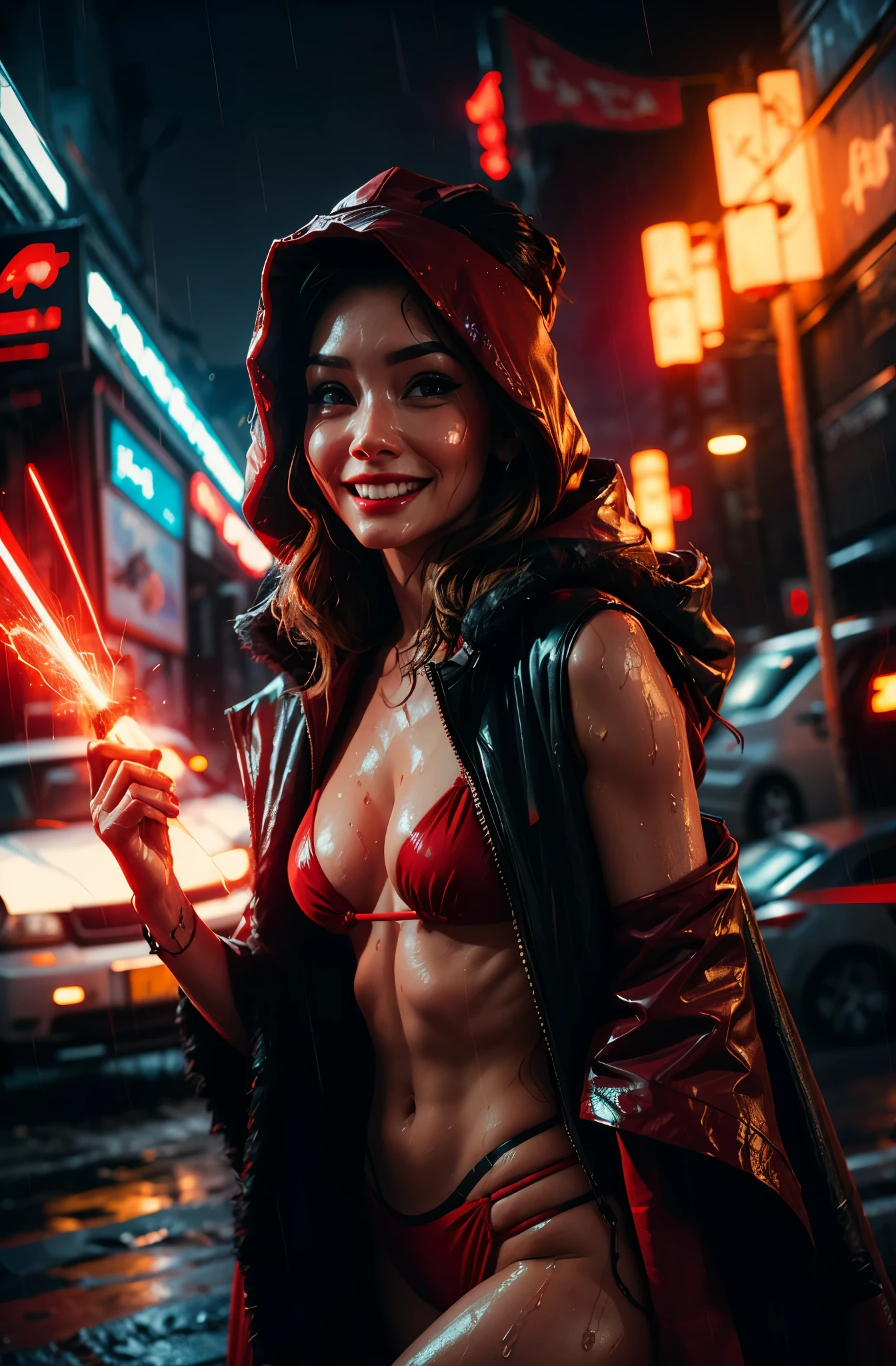 Red sith red bikini robes, dark smile, wet, rainy, sparks, particles, cyberpunk