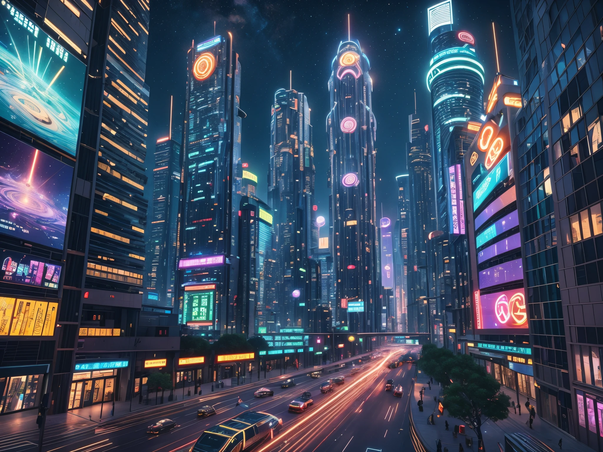 In this futuristic image of a city at night，We were taken into a city full of technology and innovation。Tall skyscrapers glow with neon lights in the night sky，Forming a series of colorful lines。The facades of these buildings are covered with reflective materials，Reflects surrounding lights，Create a futuristic atmosphere。 On the streets of the city，Driverless cars and aircraft fly by，They leave colorful trails in the night sky。These vehicles are made of smooth metal and transparent materials，It gives a sense of technology and the future。People wear fashionable clothing，Wearing smart glasses and bracelet，Integrate with technology。 The center of the city is a huge，There is a huge water screen projection on，Displays a variety of gorgeous images and animations。People surround the water curtain projection，Admire the art works and technology displayorming a unique interactive experience。surrounded by a green belt，Planting plants of the future，These plants emit faint fluorescence，Adding a touch of vitality and natural flavor to the city。 In the distance of the picture，We can see a huge spaceport，The spaceship is taking off，Carrying people to unknown areas of the universe。The spaceport’s architectural design is unique，Full of curves and streamlined elements，It gives a sense of futuristic technology。 The whole picture is full of a sense of technology and the future，Showing a future city full of innovation and imagination。This painting is rich in detail，vibrant with colorull of imagination and creativity，It makes people feel like they are in a future world full of technological wonders， (Cyberpunk night view， ultra - detailed， intricately details， deep colour， 8k解像度， realisticlying， tmasterpiece， cinmatic lighting， bokeh， Unreal Engine 5， rendering by octane， movie smoothing)