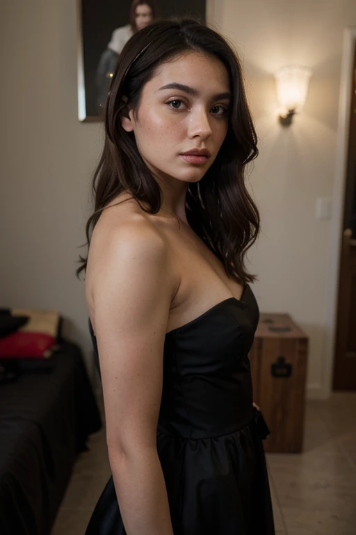 ((best quality)), ((masterpiece)), (detailed), perfect face realistic photo of beautiful woman with long dark brown hair, Russian, influencer, light freckles, dark brown eyes, big lips, no makeup, instagram, a woman in a black dress posing for a picture, tumblr, hurufiyya, feathered, an aesthetic!, high fashion classy, kimi vera, benjamin vnuk, strapless dress, smooth in _ the background, soft light from the side, fuji lut, background is heavenly, lookbook