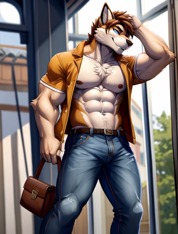furry boy,age,brown hair,open jacket,jeans,muscle,naked, with cock