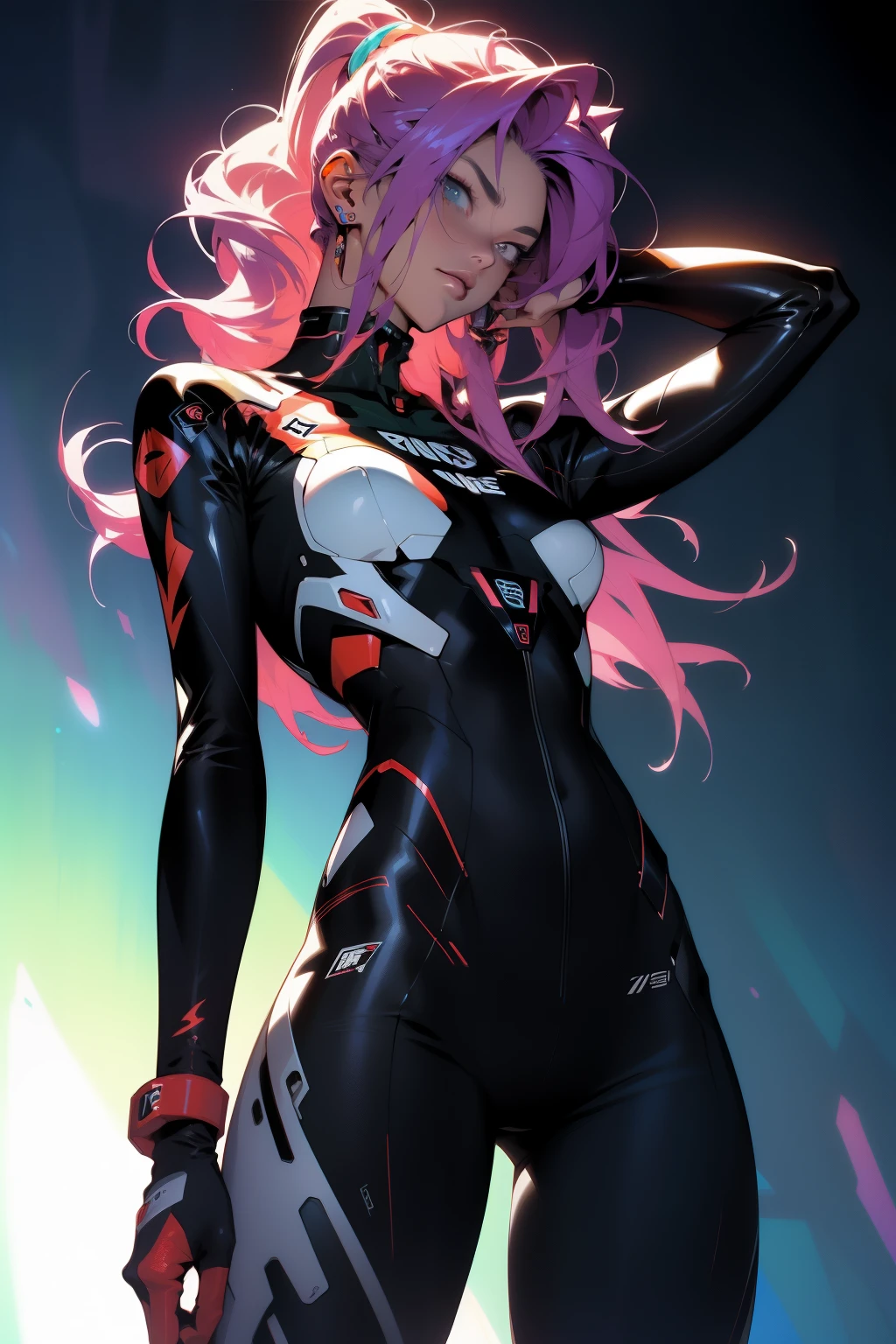 ((Best Quality)), ((Masterpiece)), (detailed: 1.4), (Absurd), 35-year-old woman with Simon Bisley-style micro thong, Genesis evangelion neon style clothing, 2 piece clothing, colored hair, tattoo on arms, cybernetic hand, pastel, centered, scale to fit dimensions, HDR (High Dynamic Range),Ray Tracing,NVIDIA RTX,Super-Resolution,Unreal 5,Subsurface dispersion, PBR texture, Post-processing, Anisotropic filtering, Depth of field, Maximum clarity and sharpness, Multilayer textures, Albedo and specular maps, Surface shading, Accurate simulation of light-material interaction, Perfect proportions, Octane Render, Two-tone lighting, Wide aperture, Low ISO, White balance, Rule of thirds, 8K RAW, crysisnanosuit