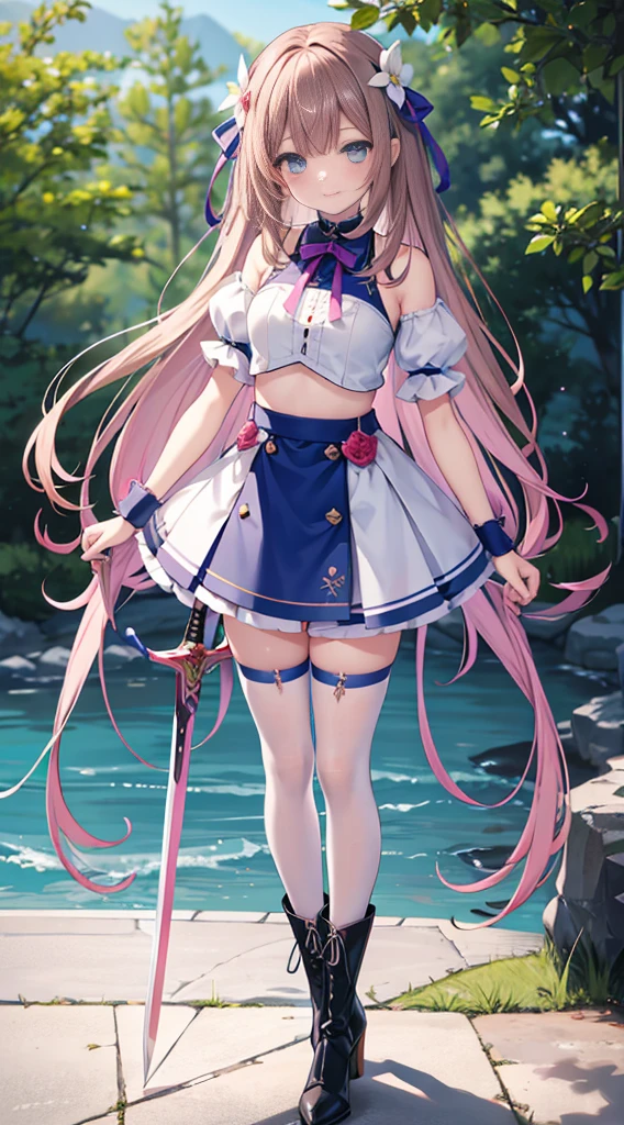 Masterpiece、Highest quality、Super detailed、1 girl、Pink Hair、(Big Tits)、Fluffy and soft long hair、Red-pink eyes、Sailor suit、rain、umbrella、In town、Cleavage、(The underboob is visible)、Belly button、Ruffles and ribbons、smile、Too big breasts