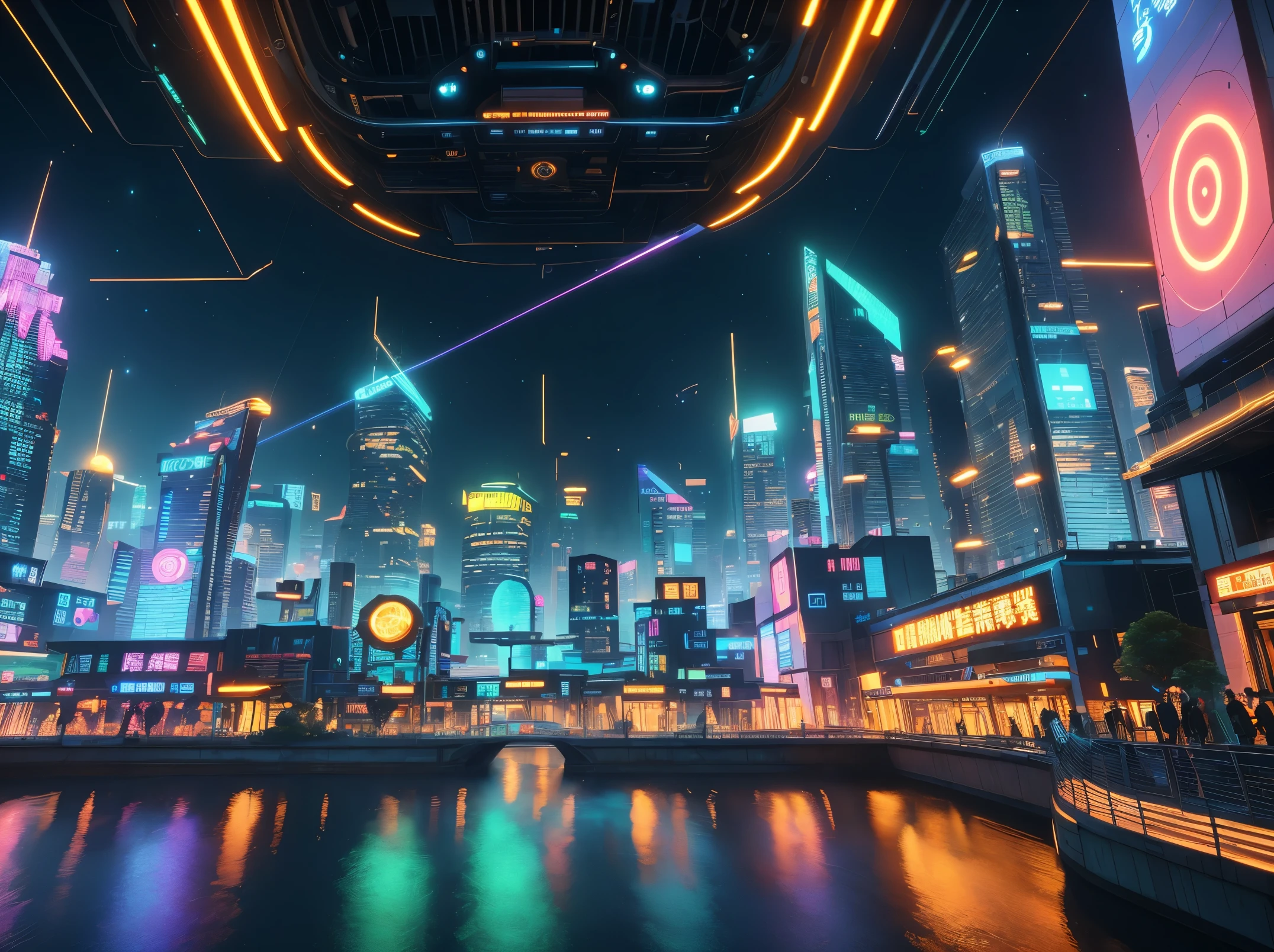 In this futuristic image of a city at night,We were taken into a city full of technology and innovation。Tall skyscrapers glow with neon lights in the night sky,Forming a series of colorful lines。The facades of these buildings are covered with reflective materials,Reflects surrounding lights,Create a futuristic atmosphere。 On the streets of the city,Driverless cars and aircraft fly by,They leave colorful trails in the night sky。These vehicles are made of smooth metal and transparent materials,It gives a sense of technology and the future。People wear fashionable clothing,Wearing smart glasses and bracelet,Integrate with technology。 The center of the city is a huge,There is a huge water screen projection on,Displays a variety of gorgeous images and animations。People surround the water curtain projection,Admire the art works and technology displayorming a unique interactive experience。surrounded by a green belt,Planting plants of the future,These plants emit faint fluorescence,Adding a touch of vitality and natural flavor to the city。 In the distance of the picture,We can see a huge spaceport,The spaceship is taking off,Carrying people to unknown areas of the universe。The spaceport’s architectural design is unique,Full of curves and streamlined elements,It gives a sense of futuristic technology。 The whole picture is full of a sense of technology and the future,Showing a future city full of innovation and imagination。This painting is rich in detail,vibrant with colorull of imagination and creativity,It makes people feel like they are in a future world full of technological wonders, (Cyberpunk night view, ultra - detailed, intricately details, deep colour, 8k解像度, realisticlying, tmasterpiece, cinmatic lighting, bokeh, Unreal Engine 5, rendering by octane, movie smoothing)