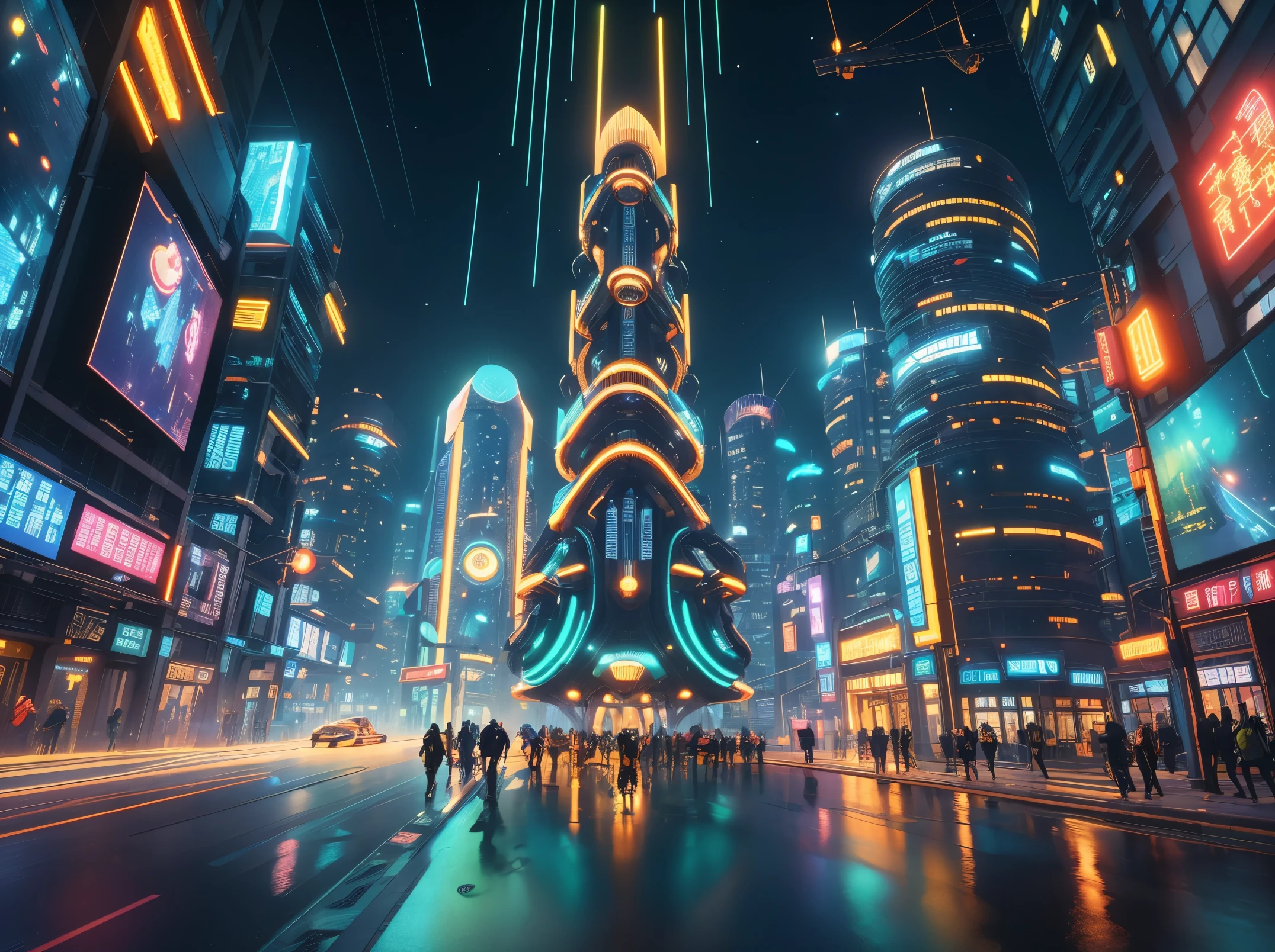 In this futuristic image of a city at night,We were taken into a city full of technology and innovation。Tall skyscrapers glow with neon lights in the night sky,Forming a series of colorful lines。The facades of these buildings are covered with reflective materials,Reflects surrounding lights,Create a futuristic atmosphere。 On the streets of the city,Driverless cars and aircraft fly by,They leave colorful trails in the night sky。These vehicles are made of smooth metal and transparent materials,It gives a sense of technology and the future。People wear fashionable clothing,Wearing smart glasses and bracelet,Integrate with technology。 The center of the city is a huge,There is a huge water screen projection on,Displays a variety of gorgeous images and animations。People surround the water curtain projection,Admire the art works and technology displayorming a unique interactive experience。surrounded by a green belt,Planting plants of the future,These plants emit faint fluorescence,Adding a touch of vitality and natural flavor to the city。 In the distance of the picture,We can see a huge spaceport,The spaceship is taking off,Carrying people to unknown areas of the universe。The spaceport’s architectural design is unique,Full of curves and streamlined elements,It gives a sense of futuristic technology。 The whole picture is full of a sense of technology and the future,Showing a future city full of innovation and imagination。This painting is rich in detail,vibrant with colorull of imagination and creativity,It makes people feel like they are in a future world full of technological wonders, (Cyberpunk night view, ultra - detailed, intricately details, deep colour, 8k解像度, realisticlying, tmasterpiece, cinmatic lighting, bokeh, Unreal Engine 5, rendering by octane, movie smoothing)