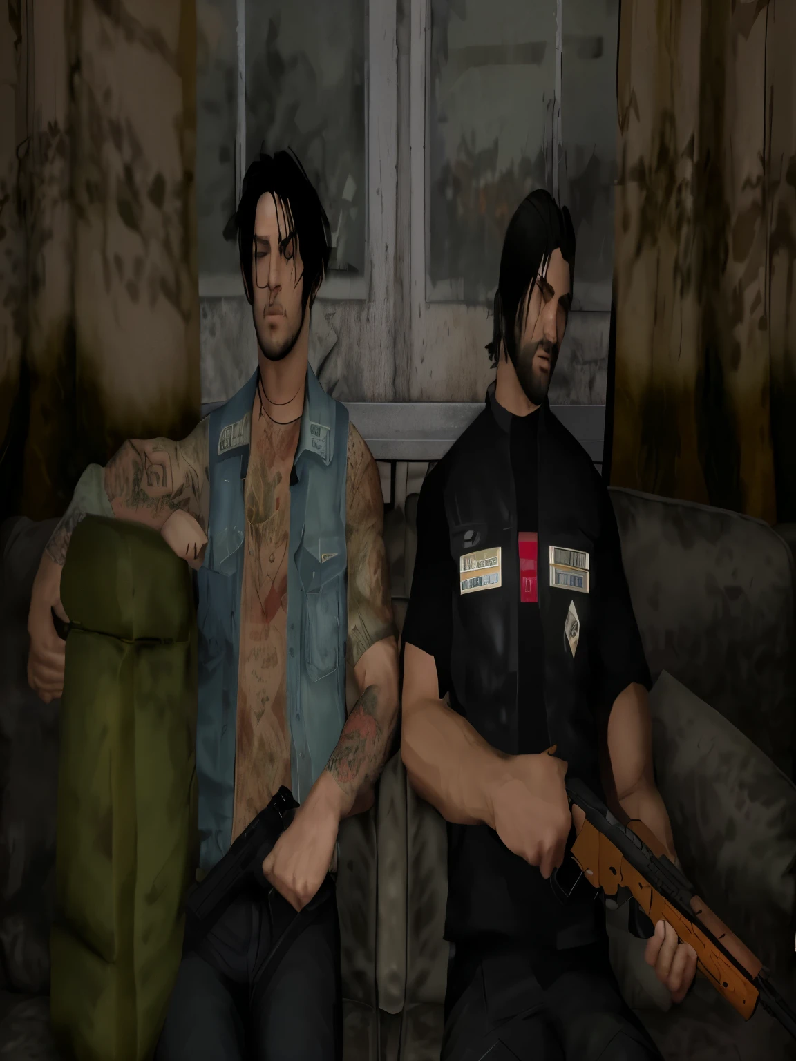 there are two men sitting on a couch with guns, gta character, realistic scene, videogame still, badass composition, albert wesker and chris redfield, goro and kunkle, sitting down, medium shot of two characters, gta artstyle, intense detail, no hood | | realistic shaded, new vegas style, mechanic punk outfit, gang members, grand theft auto style