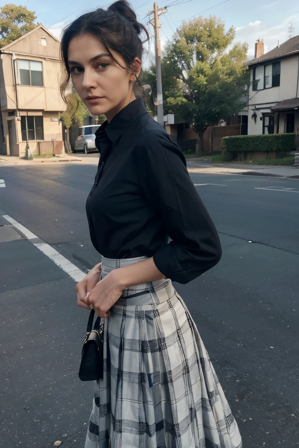 (50-year-old woman) tall, thin woman, ugly face, thin face, thin face, big, thin nose, long, curved nose, face with wrinkles, tired, old face, thin waist, thin body, thin, thin body ( black hair, hair in a bun) (blue eyes) (white and fair skin) thin and tall body, western face, thin lips, small mouth, thin hips, thin thighs (indifferent expression, proud, arrogant, angry) full body, thin nose (small breasts, sagging breasts), ugly woman ((best quality)), ((ultra resolution)), ((photorealistic: 1.4)), (intricate details)((Location: street, neighborhood, houses around background, people passing by on the street, full street and people)) (black dress shirt, black plaid skirt, long skirt, long skirt, long sleeve shirt) arms crossed.