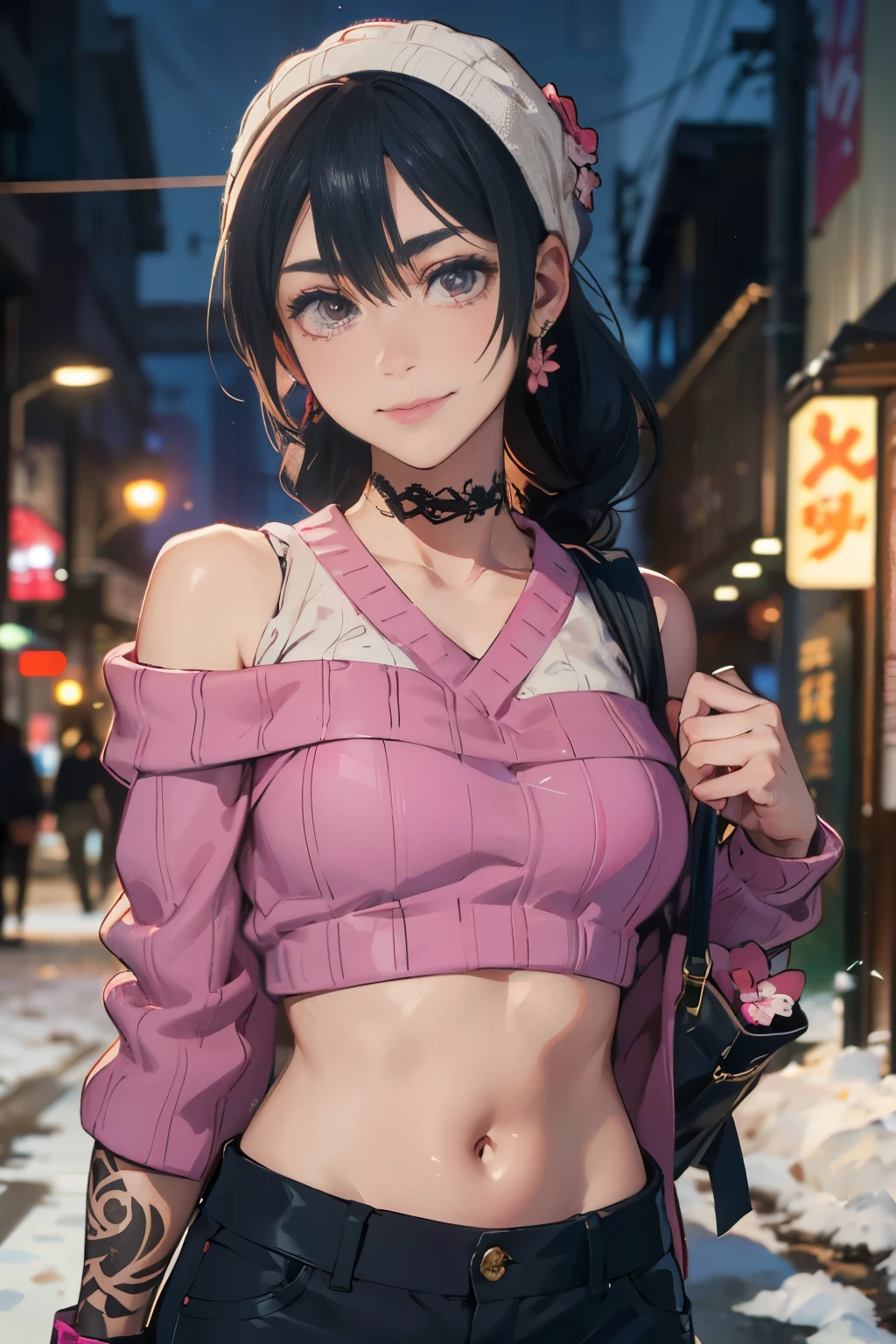 a 20 yo woman、Brown hair、long twintail、Big smile、cleavage of the breast、voluptuous breasts、Thighs at a glance、fishnet tights、＜Quality Improvement Prompt＞
＜Character appearance、Background and other prompts REAK (Pink Theme:1.4), (Vivid colors:1.ink sweater:1.4), (long-sleeve:1.3), ((off shoulders, Navel, Stomach):1.3),
BREAK (Black theme:1.3), ((Black oversized pants, Black baggy pants):1.3), (Black Choker:1.2), (earrings:1.2), (lace-up boots:1.1),
＜expressioness、illuminating、Other prompt top fades:1.3)、dark themed、Muted Tones、Subdued Color、highly contrast、(natural skin textures、Hyper-Realism、Soft light、sharp) (masutepiece, top-qualityの, Best Quality, Official art, Beautiful and aesthetic: 1.2), (1girl in: 1.3), Very detailed, (Fractal Art: 1.1), (Color: 1.1) (Flowers: 1.3), (By Yuko Higuchi:1.4), Yuko Higuchi,(posted by Yow:1.2),(linear art),Line drawing,Pen drawing,Zentangle,(Tattoo patterns:1.2),(complex lines),(masutepiece),(Best Quality:1.1), (Ultra-detailed),Best Illustration,finely detail,hand-drawn high quality,High contrast,(Clean lines:1.3),ligne claire,(Portrait),(very closeup:1.1),1 girl,Solo,The girl is wrapped in snow,(Intricate details:1.3),(Detailed background:1.2),(coloured background:1.1),sketch,Intricate details,hight resolutionであり，a moon，top-quality、8K、hight resolution、​masterpiece、(portlate:0.6)、A dark-haired、Middle hair、(grinning evily:1.3)、(Look at viewers:1.3)、(bokeh dof)、18year old、8K, masutepiece, (Photorealistic:1.5), 後ろからのartistic肖像画 ((Yakuza Girls) Wearing kimono), back tattoo, back tattooをあらわにする, (Dragon tattoo), Bare shoulders, huge-breasted,  Beautiful skin, Slim Fit Body, Cute face, nice appearance, look at viewr, Red hair in a bun with bangs, Foggy, Daylight, skyscapers, Clouds, Cozy and cool atmosphere, 動的なilluminating, natural, artistic，18year old少女和堀肌, Yakuza, Japan Mafia, Background of Tokyo Red Light District, Realistic, Photoreal, masutepiece, Best Quality, Sexy with tattoos, Exotic, Erotic，Tribal tattoos Tribal tattoos all over the arm，