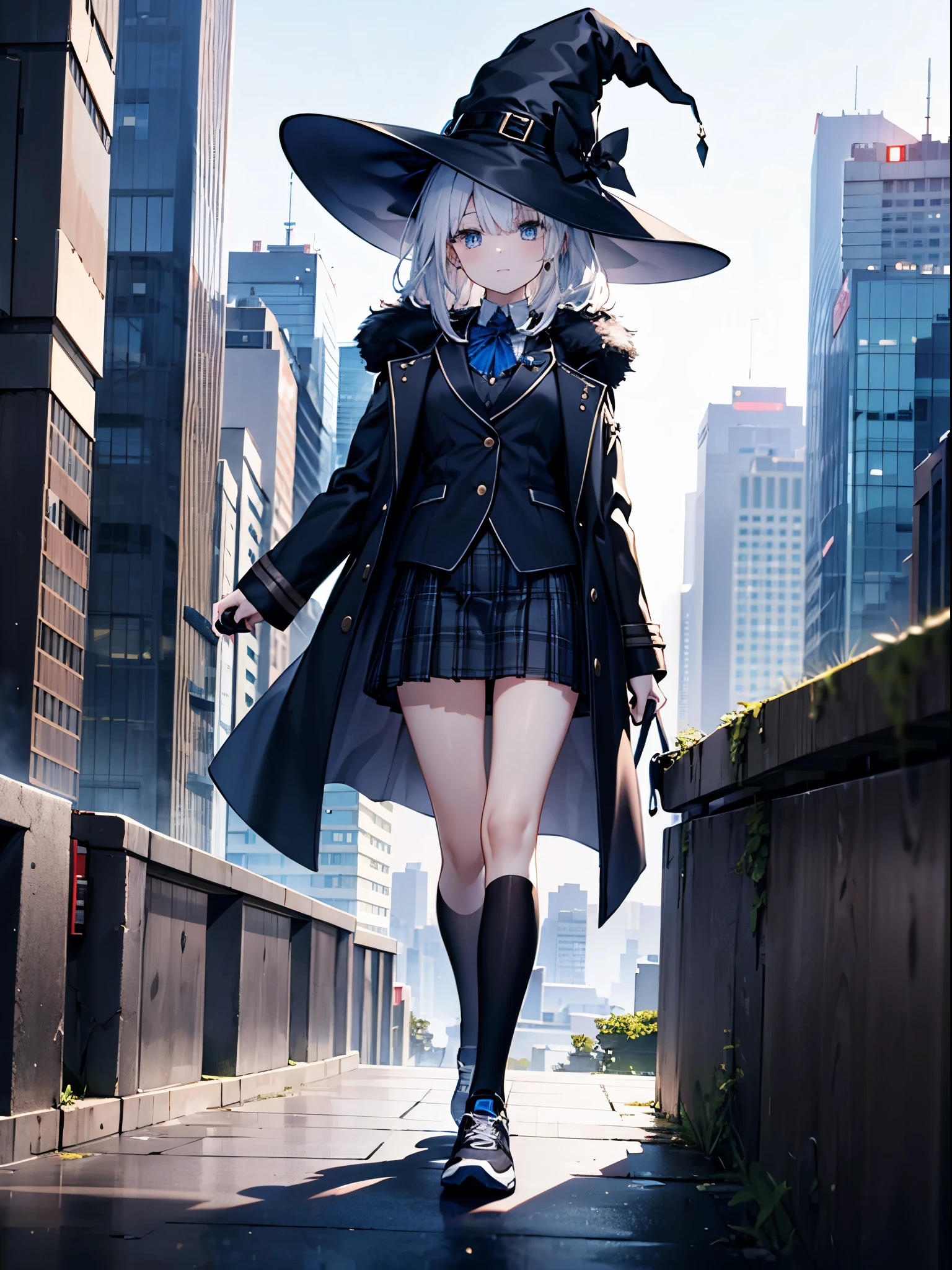 This is the rooftop of the tallest building in Tokyo.、You can look down on the city buildings from here.、It's night now、Woman wearing a large black witch hat with sapphire accessories、wearing a long black coat、she is wearing a blazer uniform、she is wearing a checked skirt、knee-length black stockings、black running shoes with white laces、Short, pure white loose lob hair、small tits