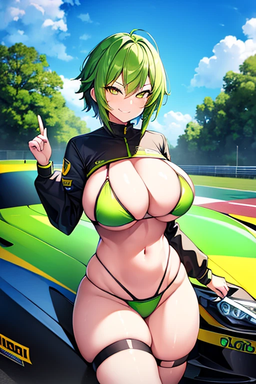 1girl, large , breastships, thick thighs, green hair, yellow eyes, bikini, black bikini, smug, smirk, smile, race queen, race car, sports car, sport car, motor vehicle, neon, neon trim, futuristic, science-fiction, highleg, highleg bikini, very short hair, pixie cut, tomboy